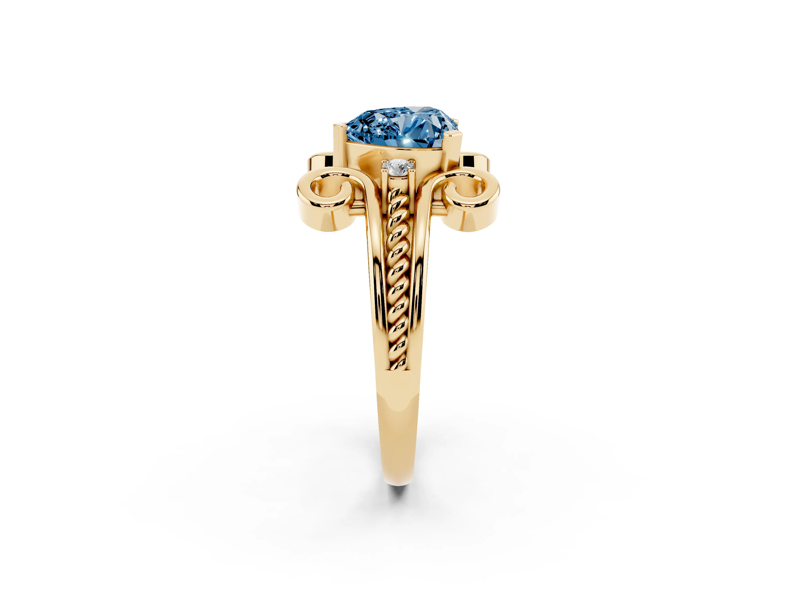 Fancy Blue Heart Cut Diamond Twisted Band Solitaire Ring Set in Yellow gold with Scroll Prongs