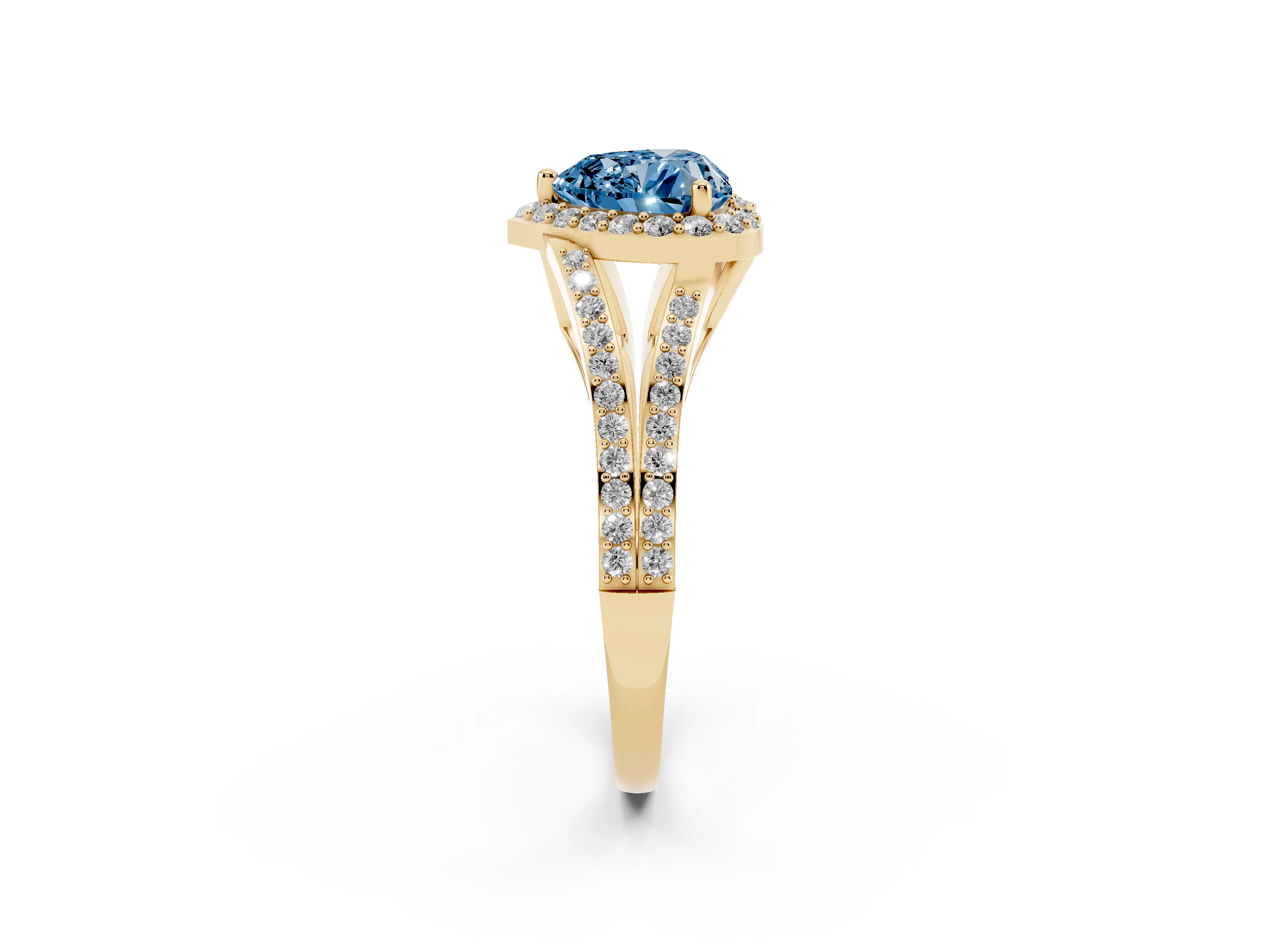 Fancy Blue Heart Cut Diamond Halo Split Shank Pavé Ring Set in Yellow gold with Prong Setting