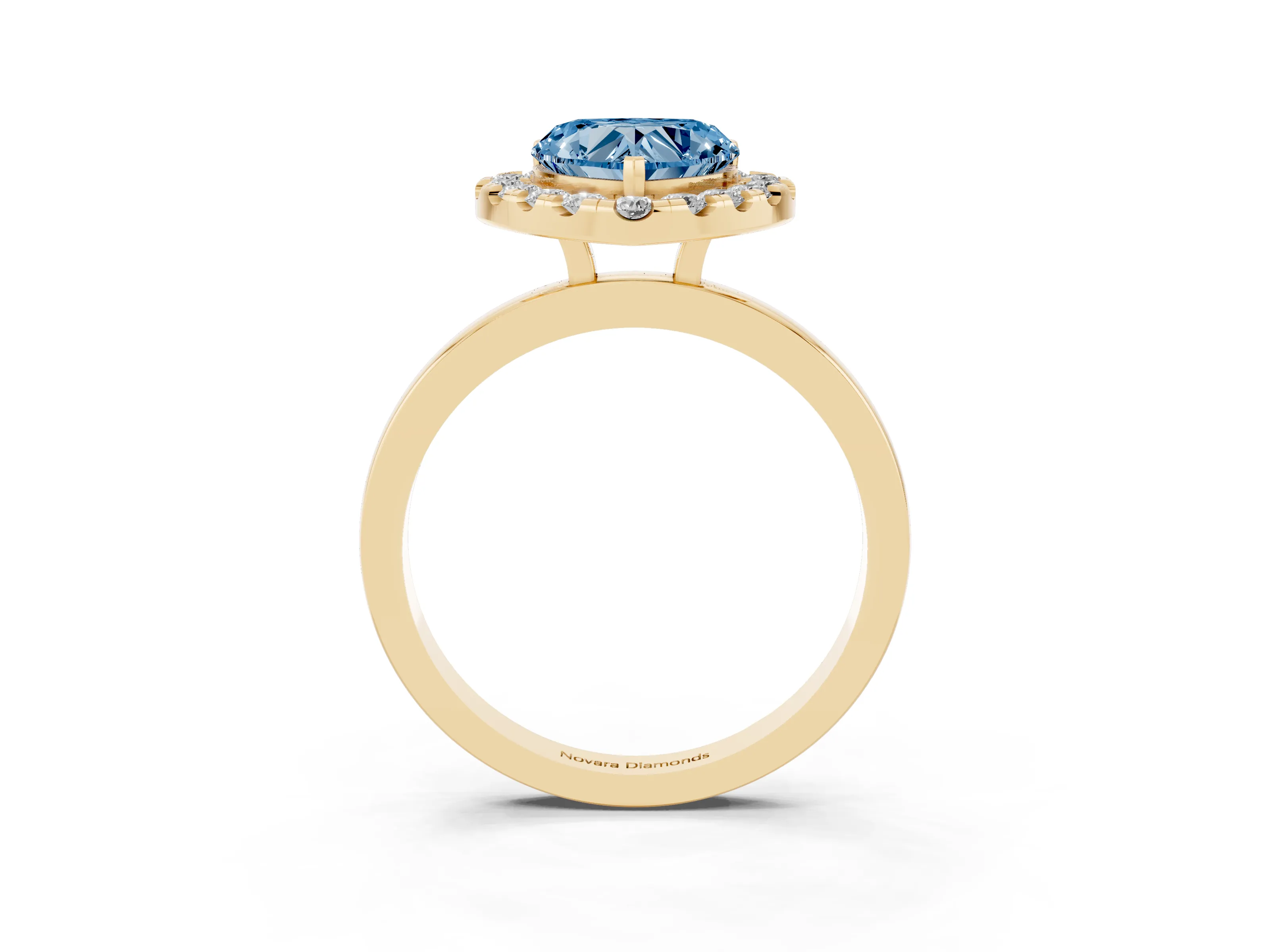 Fancy Blue Heart Cut Diamond Halo Solitaire Ring Set in Yellow gold with Pavé Band and Prong Setting