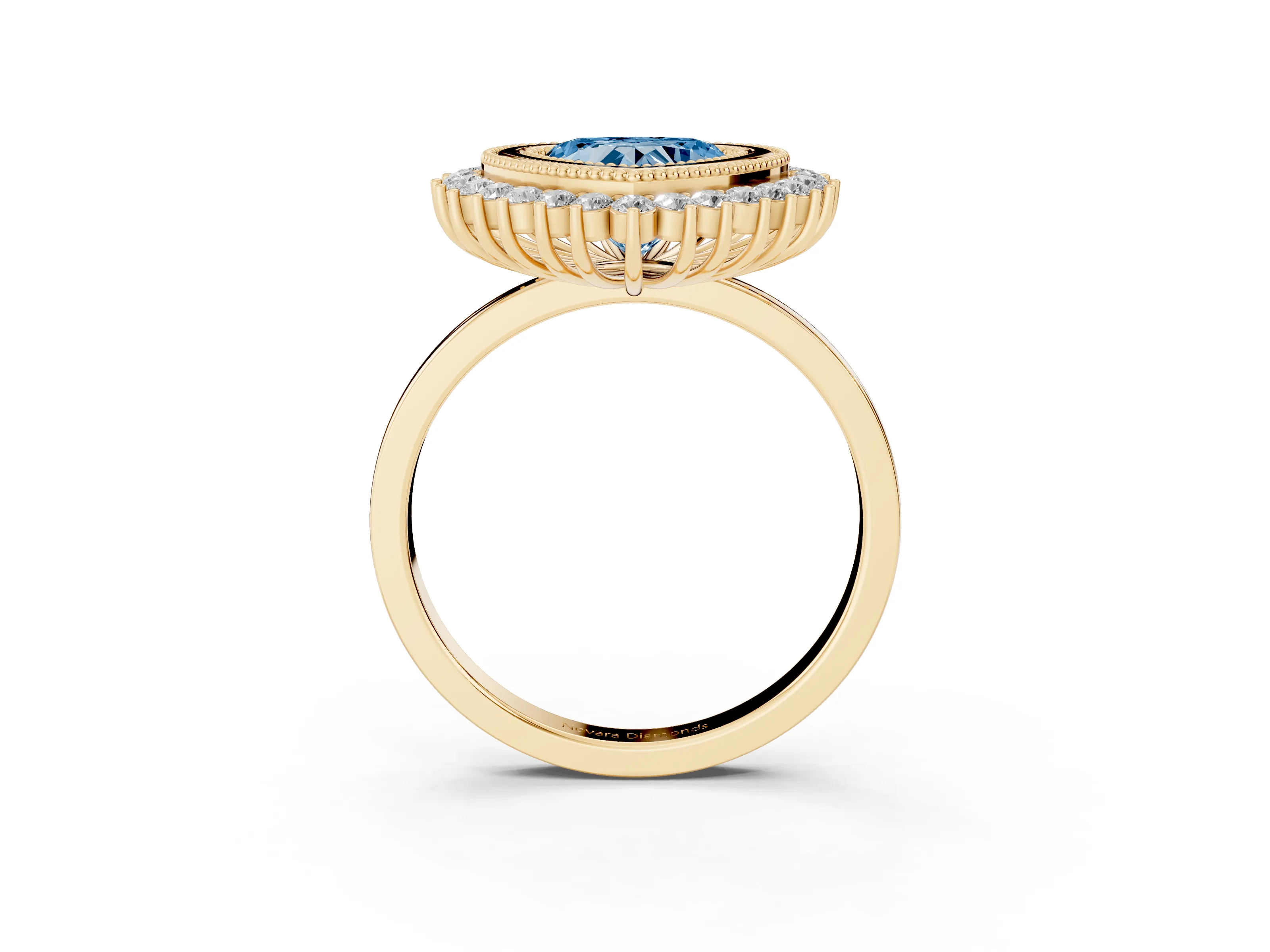Fancy Blue Heart Cut Diamond Halo Ring Set in Yellow gold with Milgrain Edge and Round Prong Setting