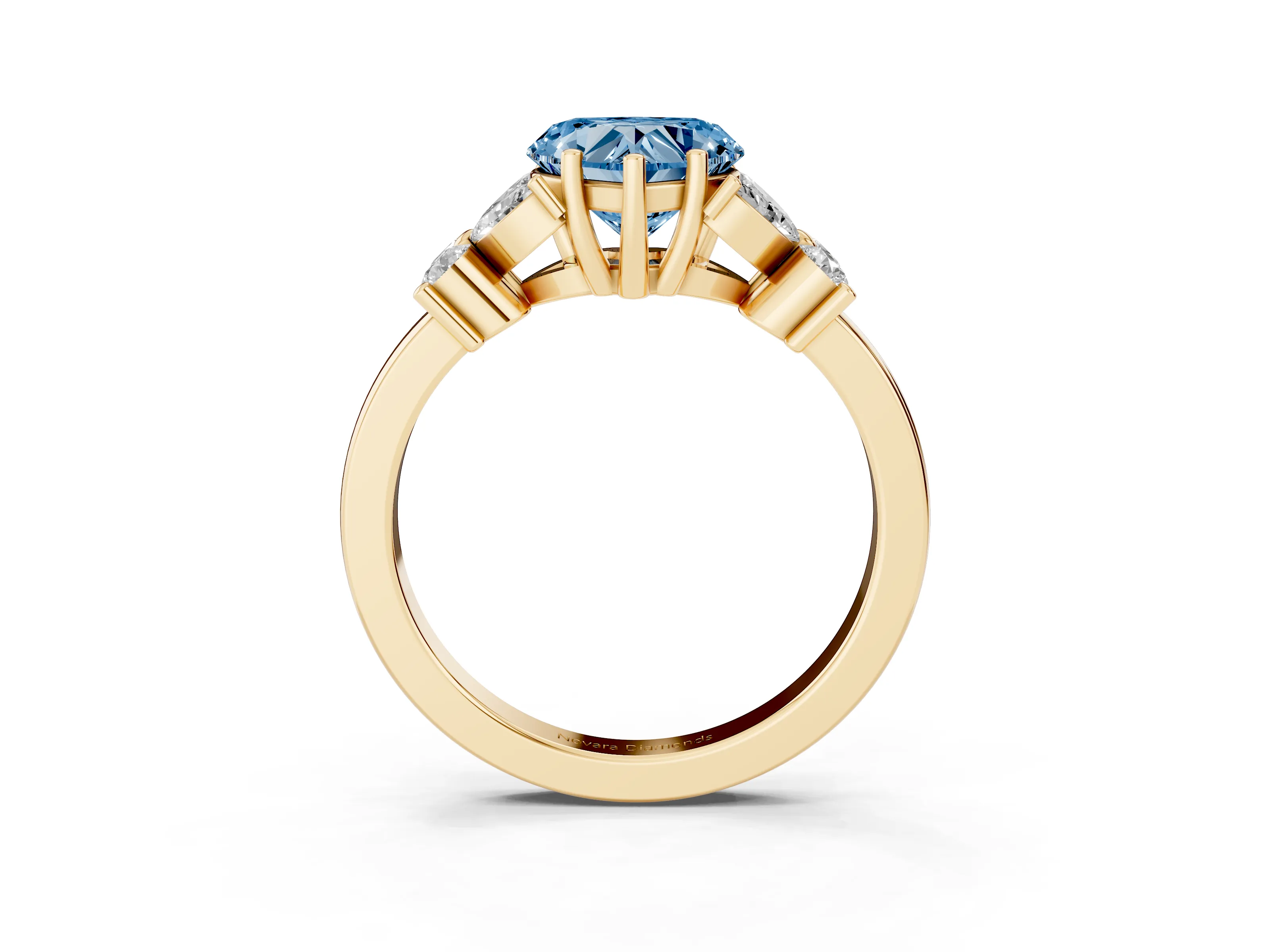 Fancy Blue Heart Cut Diamond Floral Cluster Ring Set in Yellow gold with Marquise Petals and Prong Setting