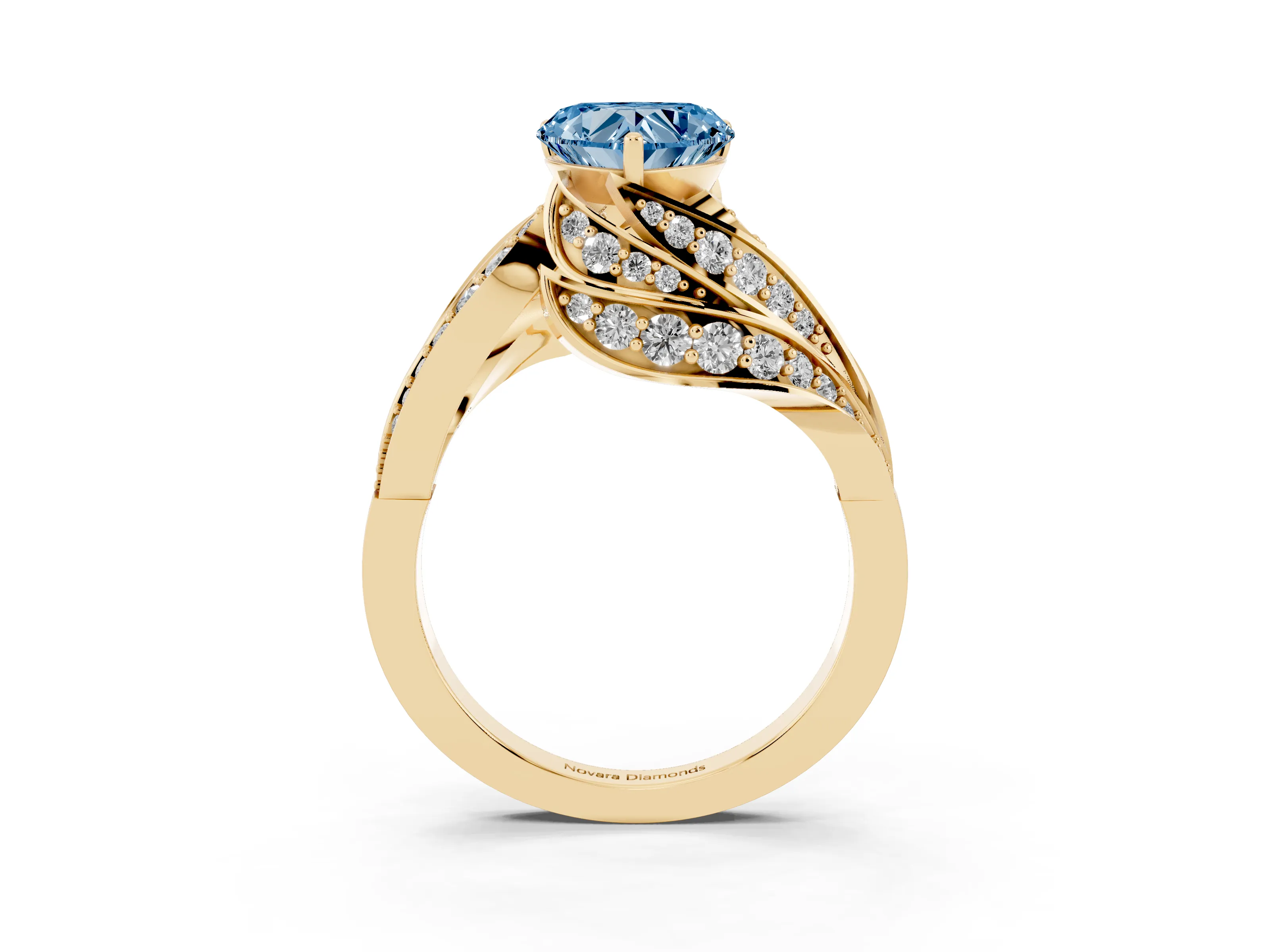 Fancy Blue Heart Cut Diamond Solitaire Ring Set in Yellow gold with Layered Twist Pavé Band