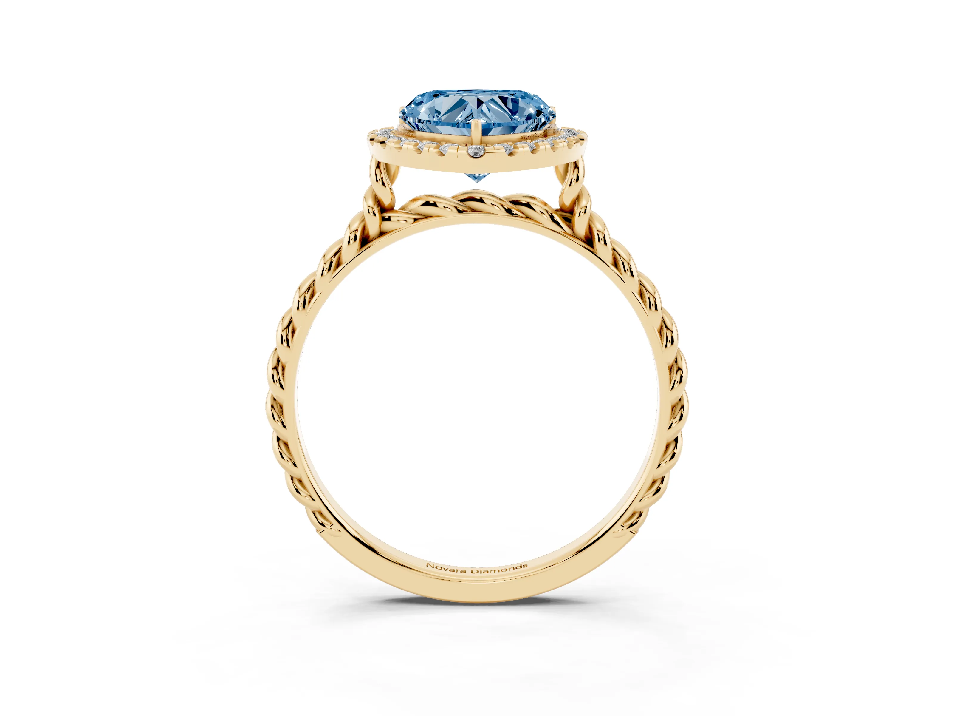 Fancy Blue Heart Cut Diamond Halo Ring Set in Yellow gold with Plain Twisted Band