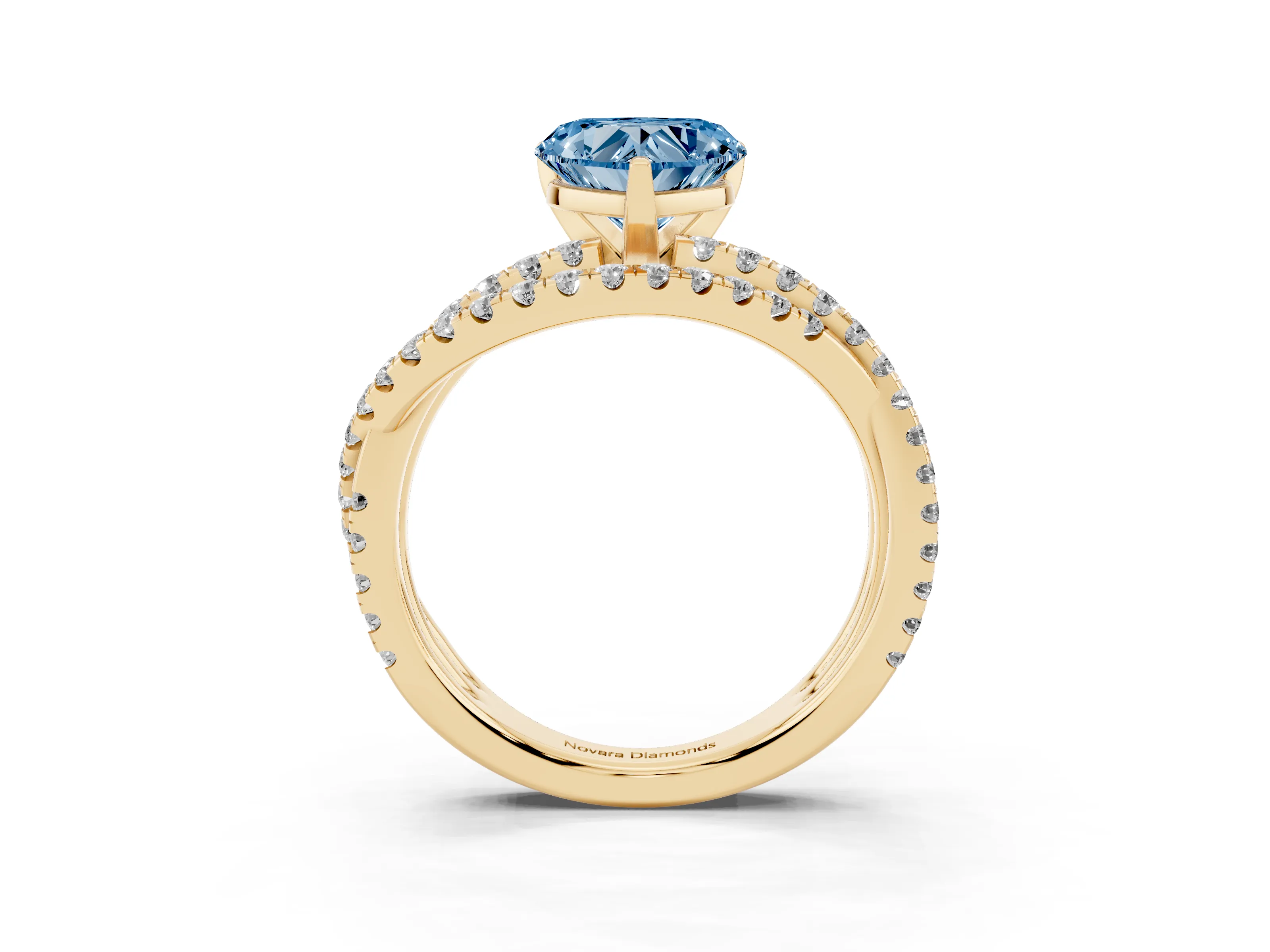 Fancy Blue Heart Cut Diamond Solitaire Twist Band Ring Set in Yellow gold with Pavé Setting and Prong Head