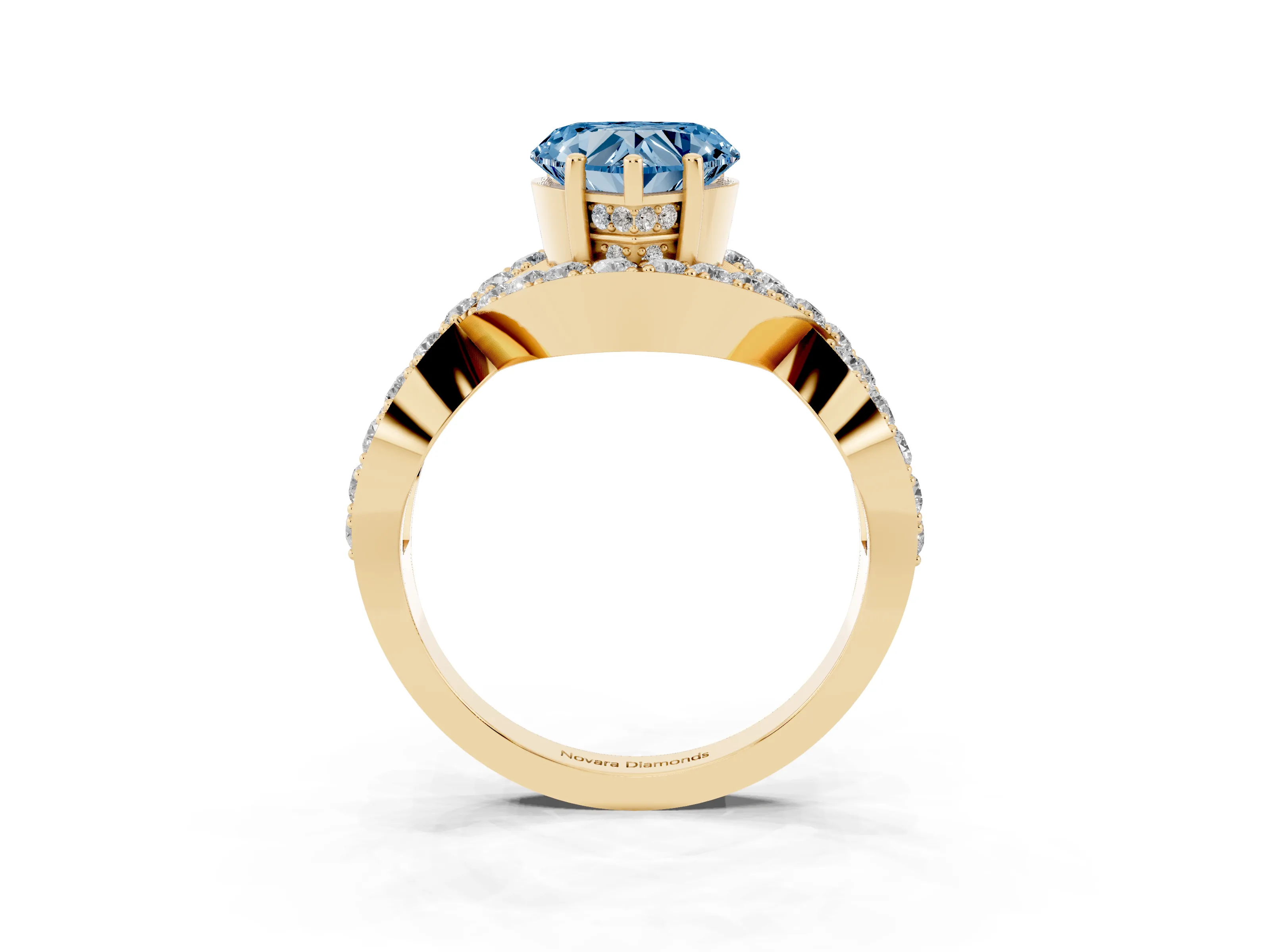 Fancy Blue Heart Cut Diamond Solitaire Twist Band Pavé Engagement Ring Set in Yellow gold