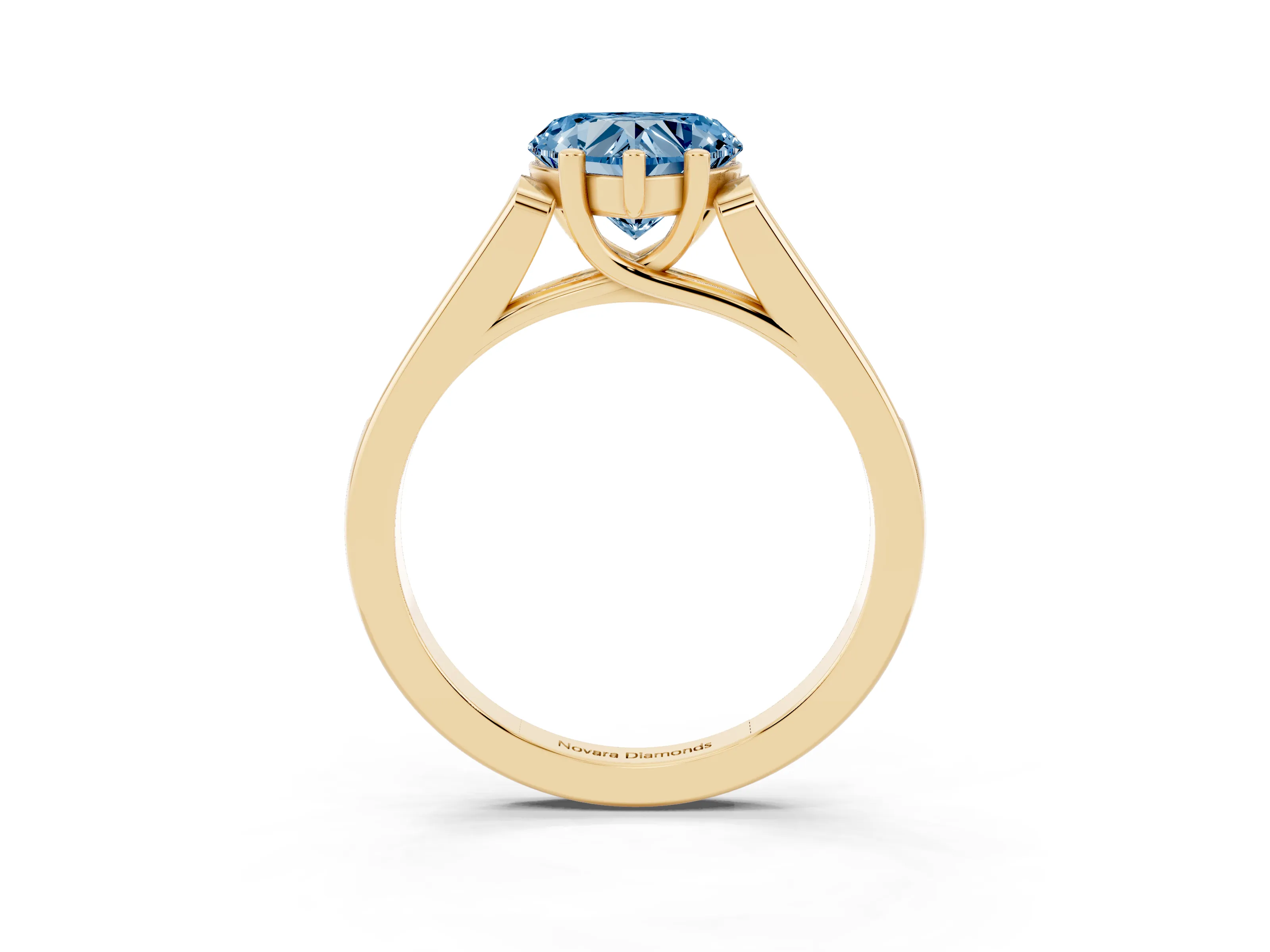 Fancy Blue Heart Cut Diamond Solitaire Cathedral Engagement Ring Set in Yellow gold with Channel-Set Band and Prong Setting