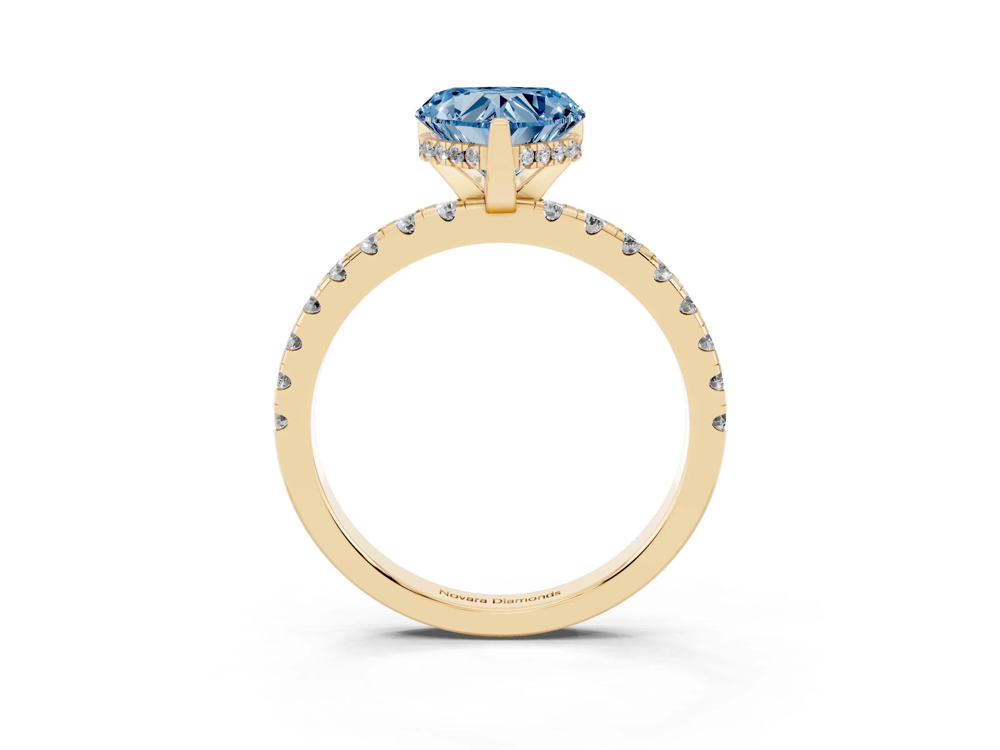Fancy Blue Heart Cut Diamond Pavé Solitaire Ring Set in Yellow gold with Round Band Accents and Prong Setting