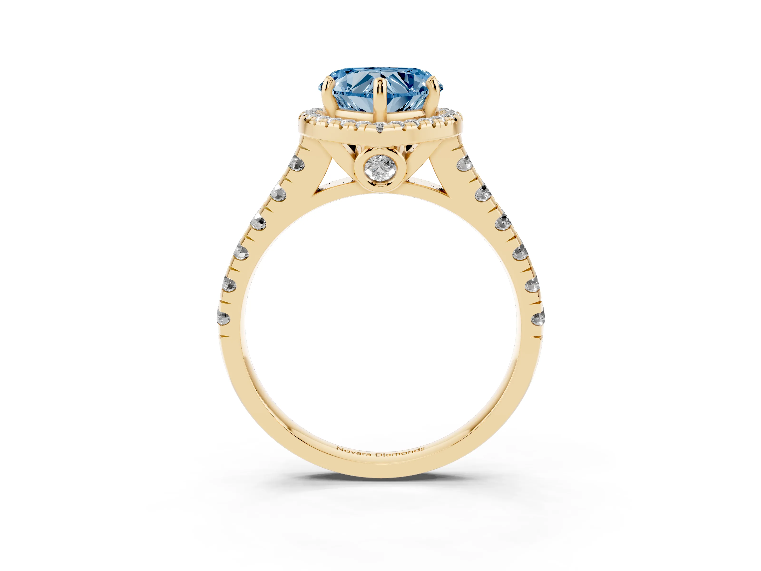 Fancy Blue Heart Cut Diamond Halo Engagement Ring Set in Yellow gold with Pavé Band and Prong-Set Center