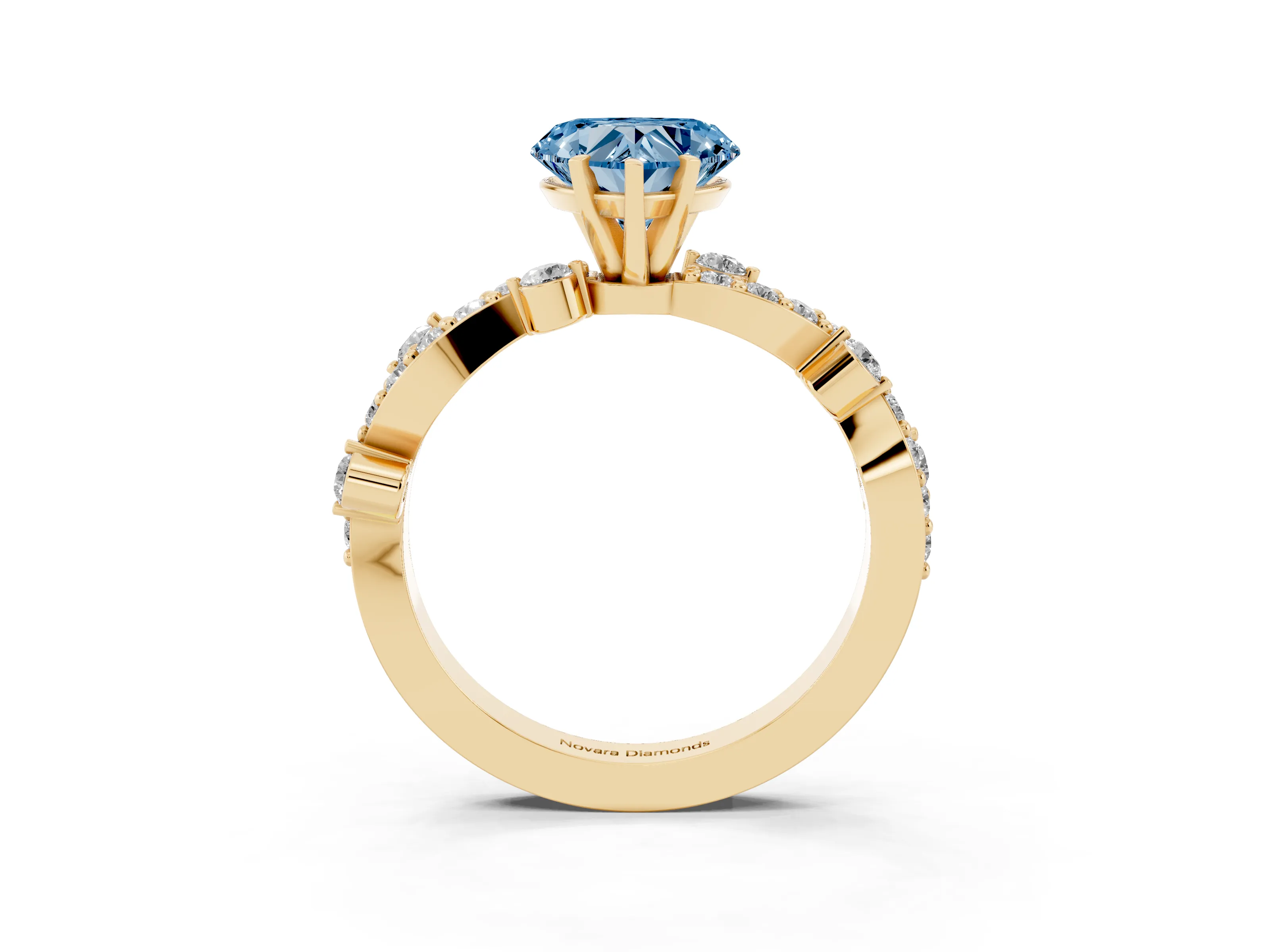 Fancy Blue Heart Cut Diamond Solitaire Twisted Band Set in Yellow gold with Pavé Setting