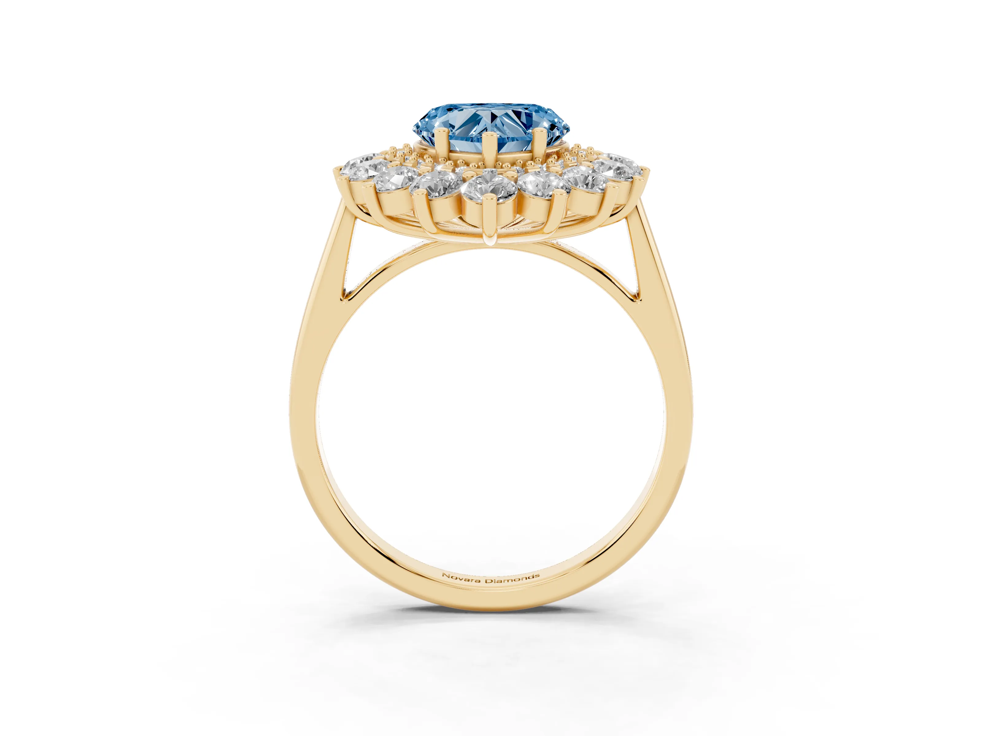 Fancy Blue Heart Cut Diamond Floral Double Halo Ring Set in Yellow gold with Round Petals