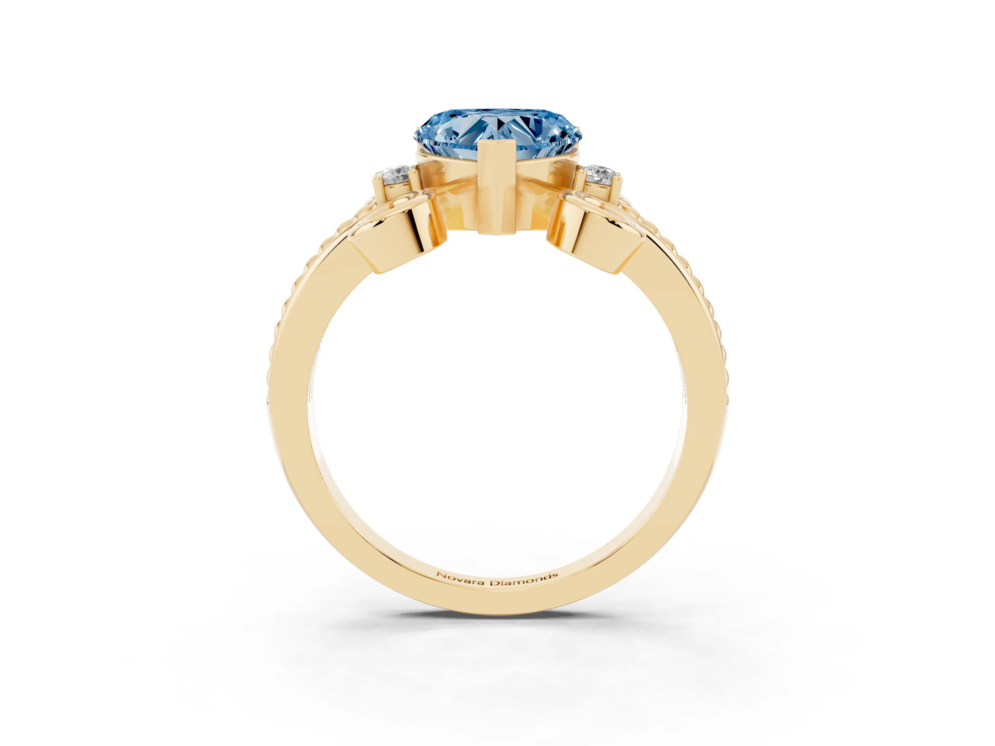 Fancy Blue Heart Cut Diamond Twisted Band Solitaire Ring Set in Yellow gold with Scroll Prongs
