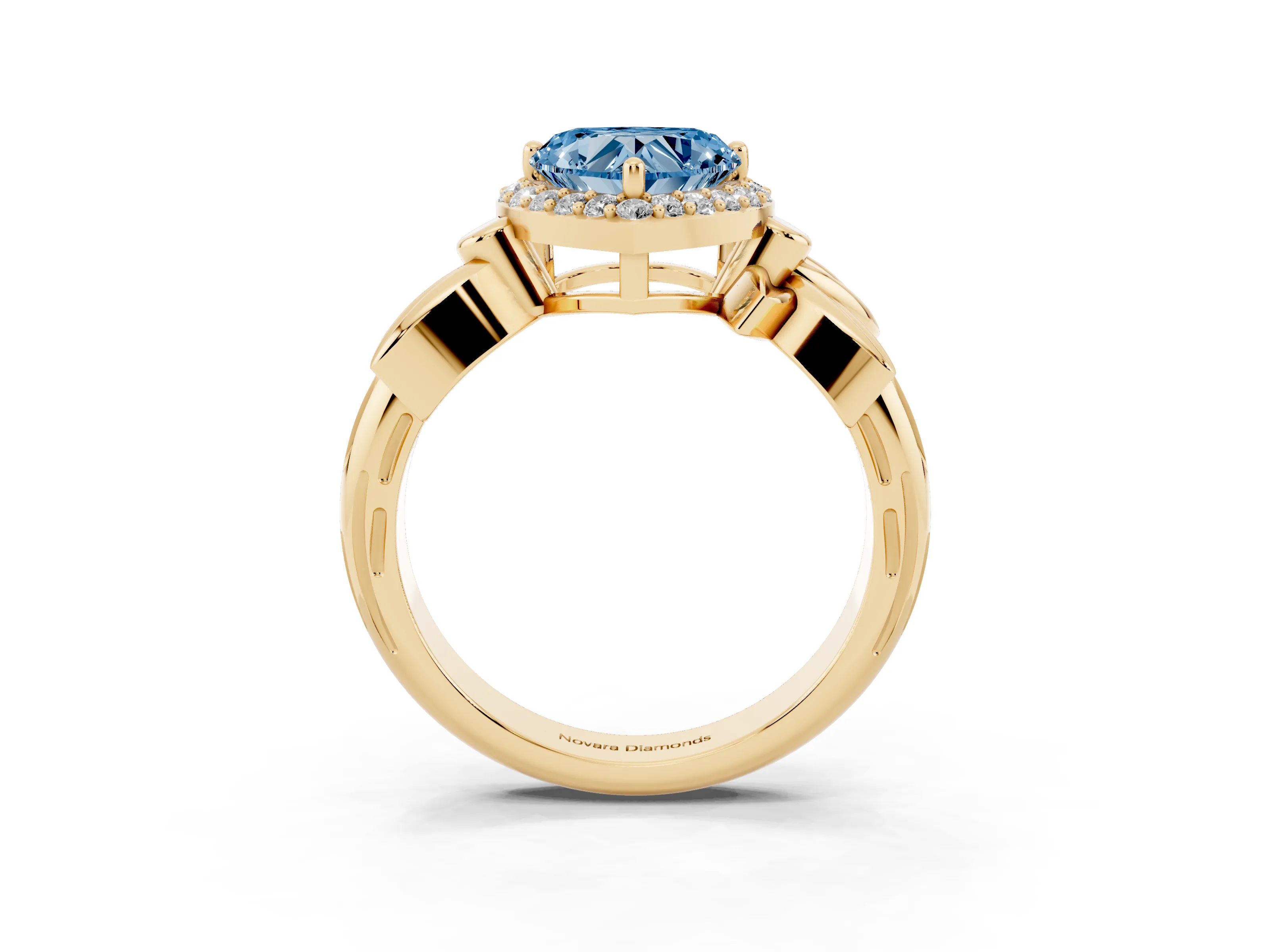 Fancy Blue Heart Cut Diamond Halo Floral Band Ring Set in Yellow gold with Prong Setting