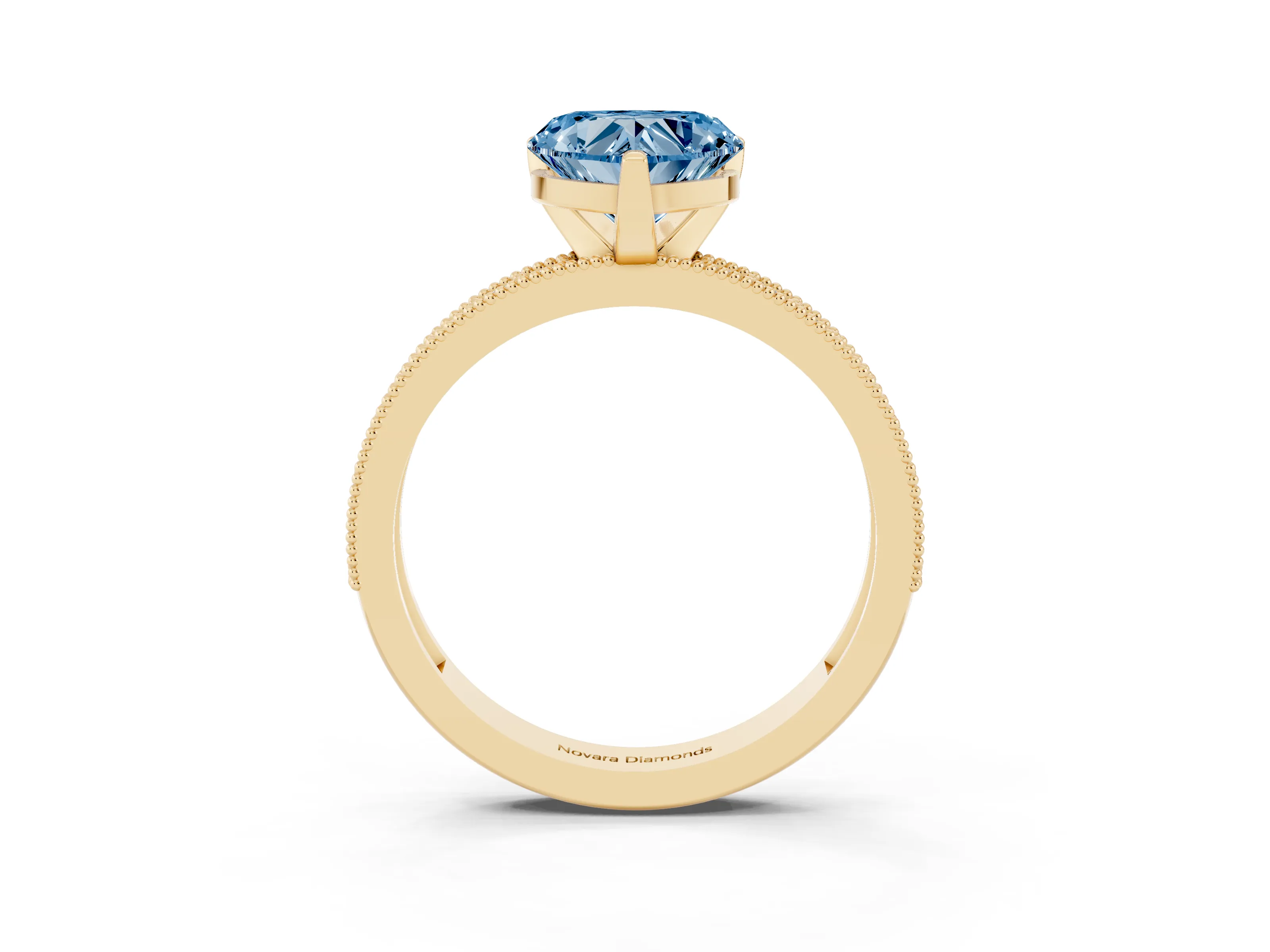 Fancy Blue Heart Cut Diamond Milgrain Pavé Engagement Ring Set in Yellow gold with Prong Setting