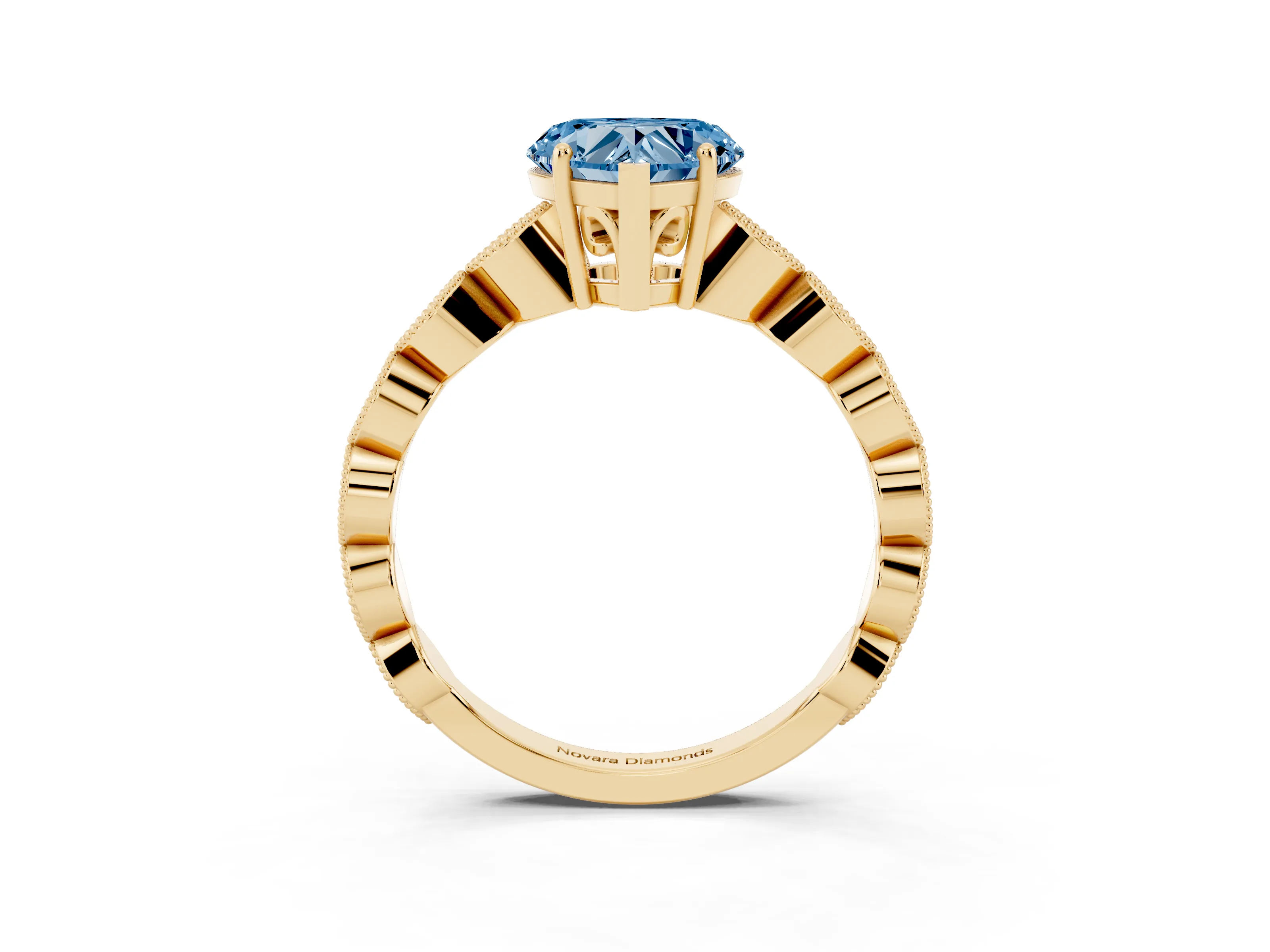 Fancy Blue Heart Cut Diamond Solitaire Ring Set in Yellow gold with Infinity Twist Pavé Band