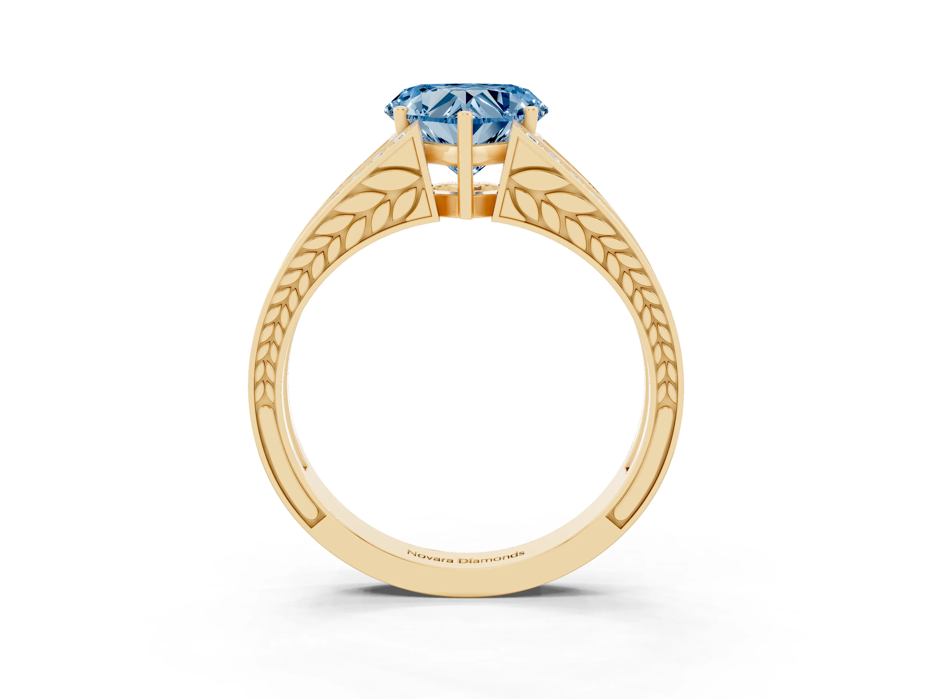 Fancy Blue Heart Cut Diamond Split Shank Ring Set in Yellow gold with Pavé Band and Prong Setting
