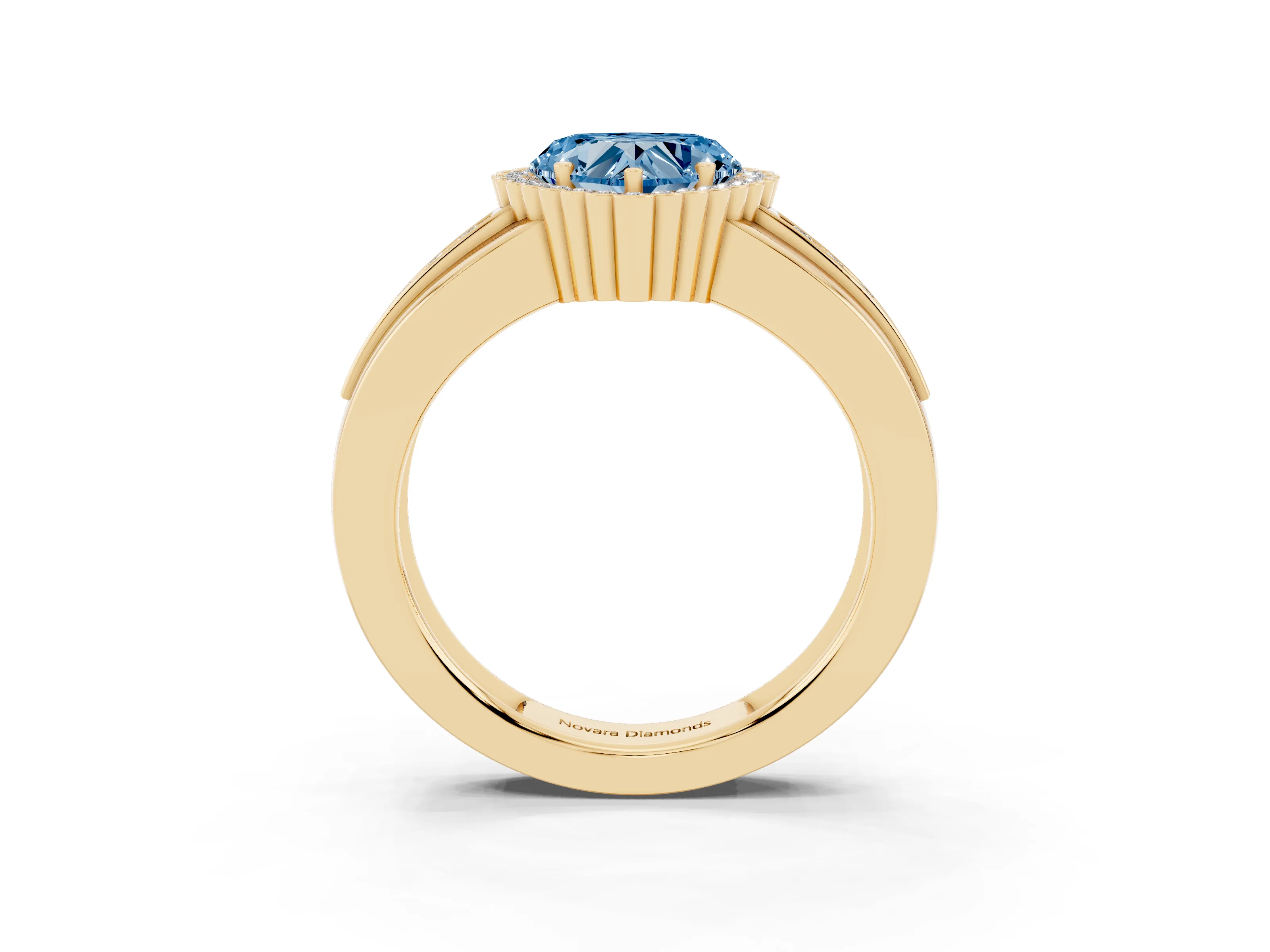 Fancy Blue Heart Cut Diamond Halo Prong Ring Set in Yellow gold with Pavé Band