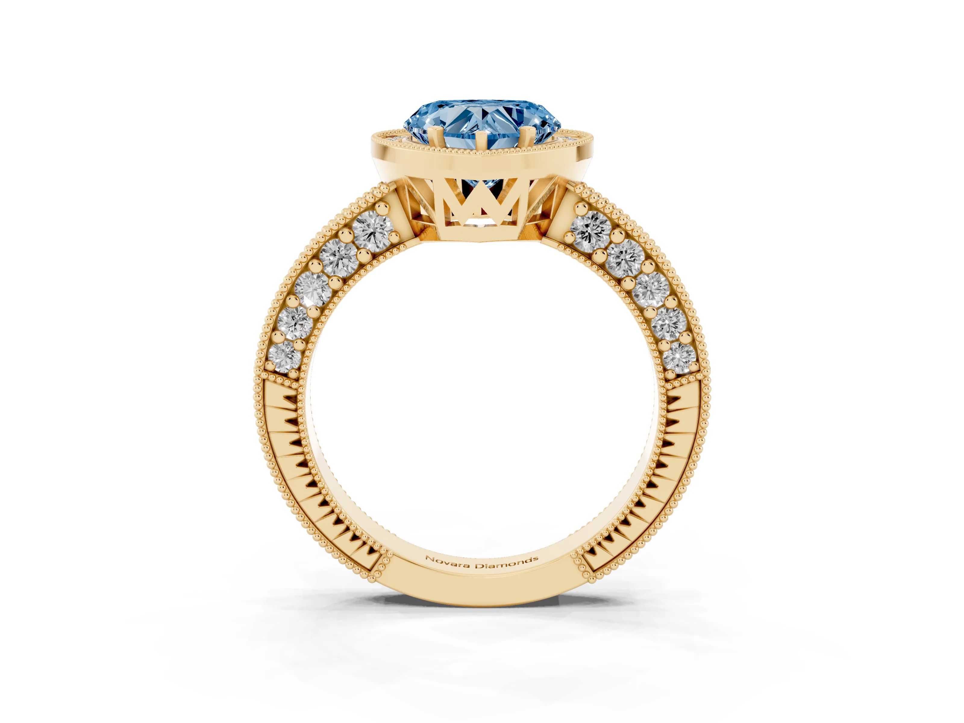 Fancy Blue Heart Cut Diamond Halo Pavé Band Ring Set in Yellow gold with Prong-Set Center