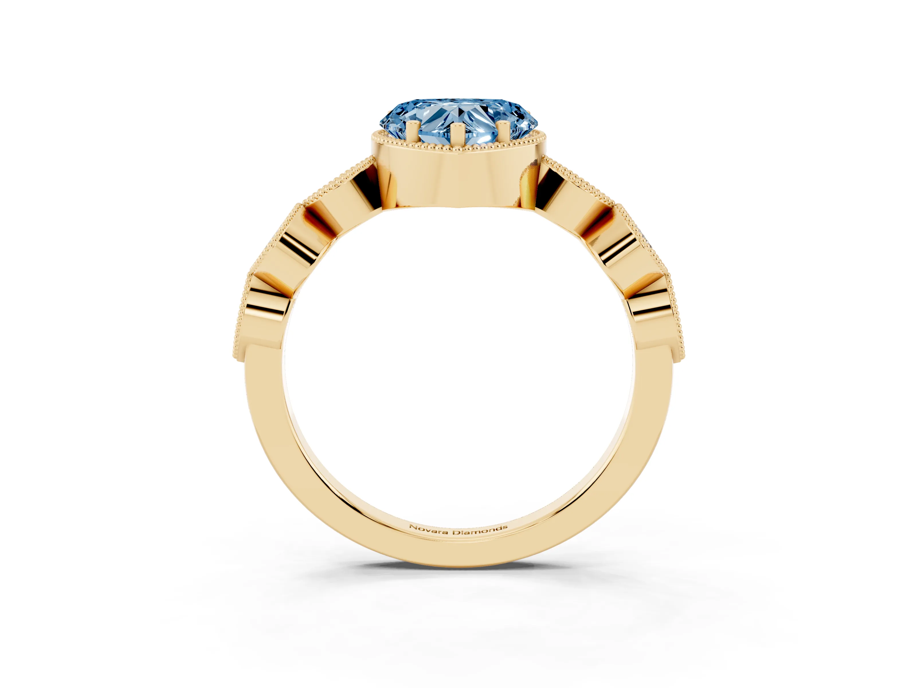 Fancy Blue Heart Cut Diamond Vintage-Inspired Milgrain Ring Set in Yellow gold with Marquise Stations of Round Accents
