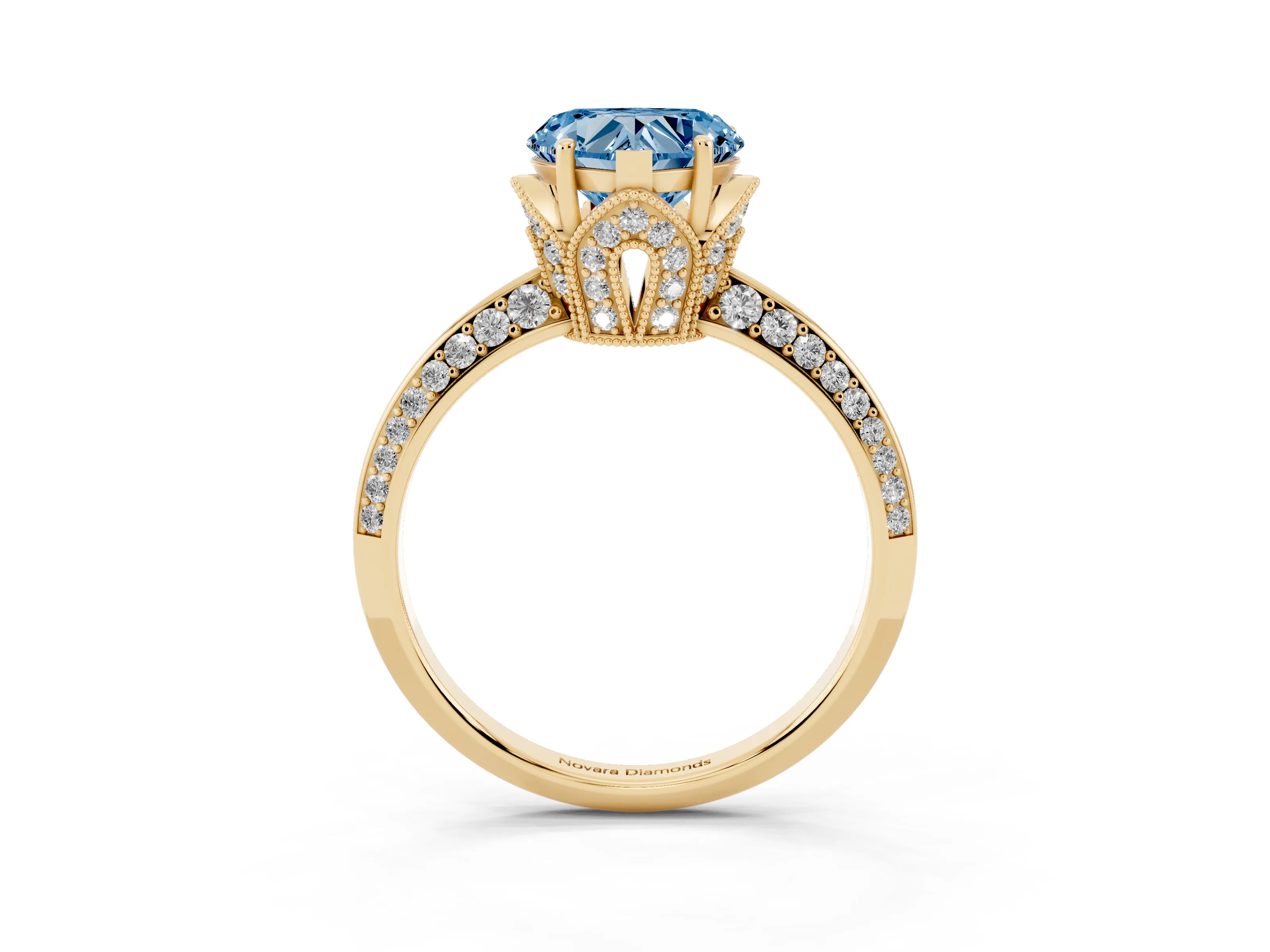 Fancy Blue Heart Cut Diamond Solitaire Engagement Ring Set in Yellow gold with Pavé Split Shank and Prong Setting