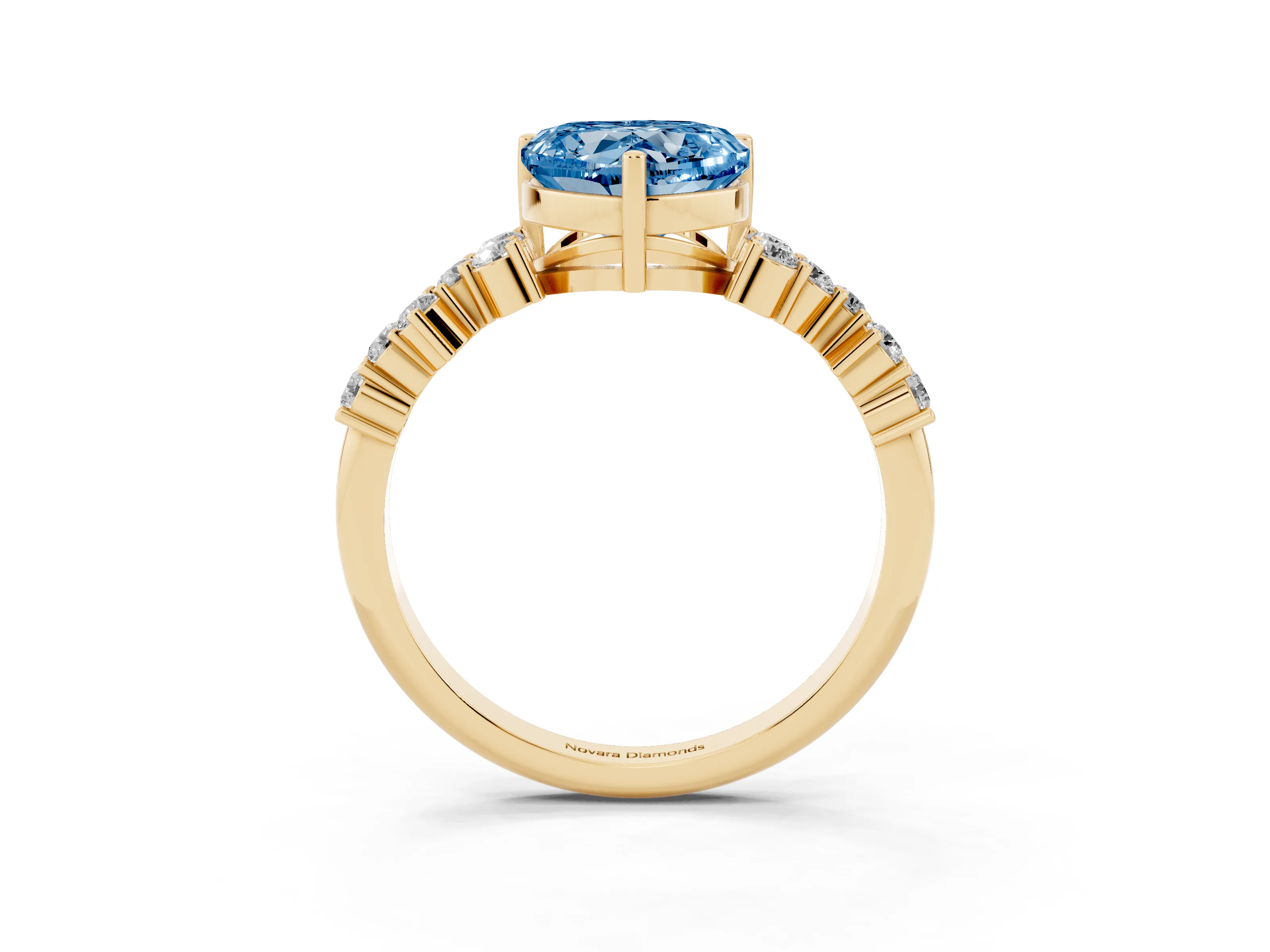 Fancy Blue Heart Cut Diamond Ring Set in Yellow gold with Scattered Round Accents