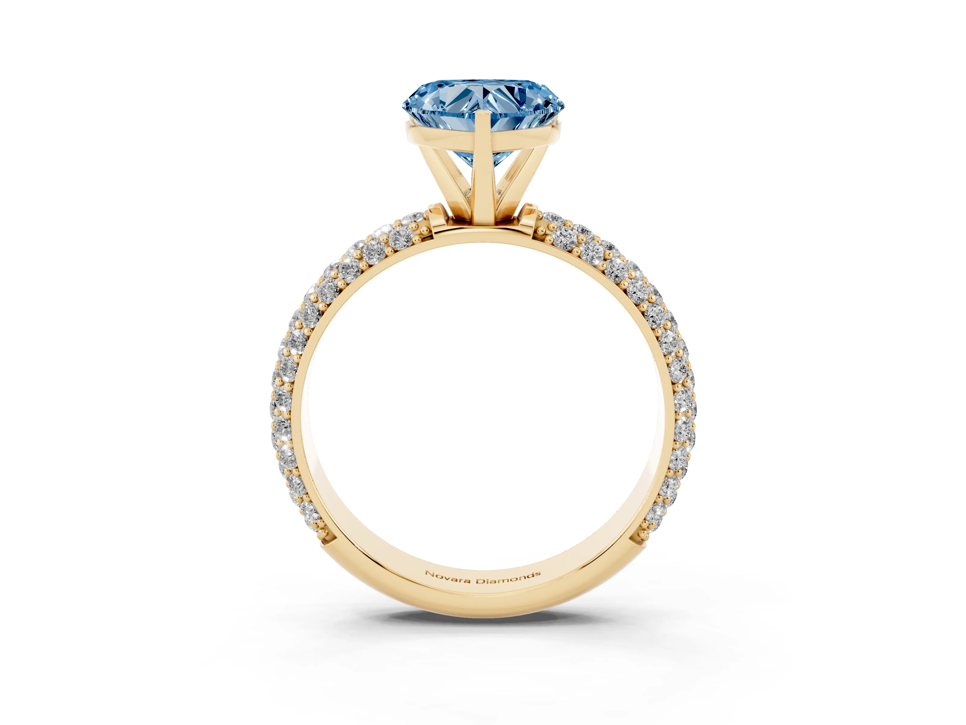 Fancy Blue Heart Cut Diamond Solitaire Ring Set in Yellow gold with Prong Setting and Pavé-Set Band