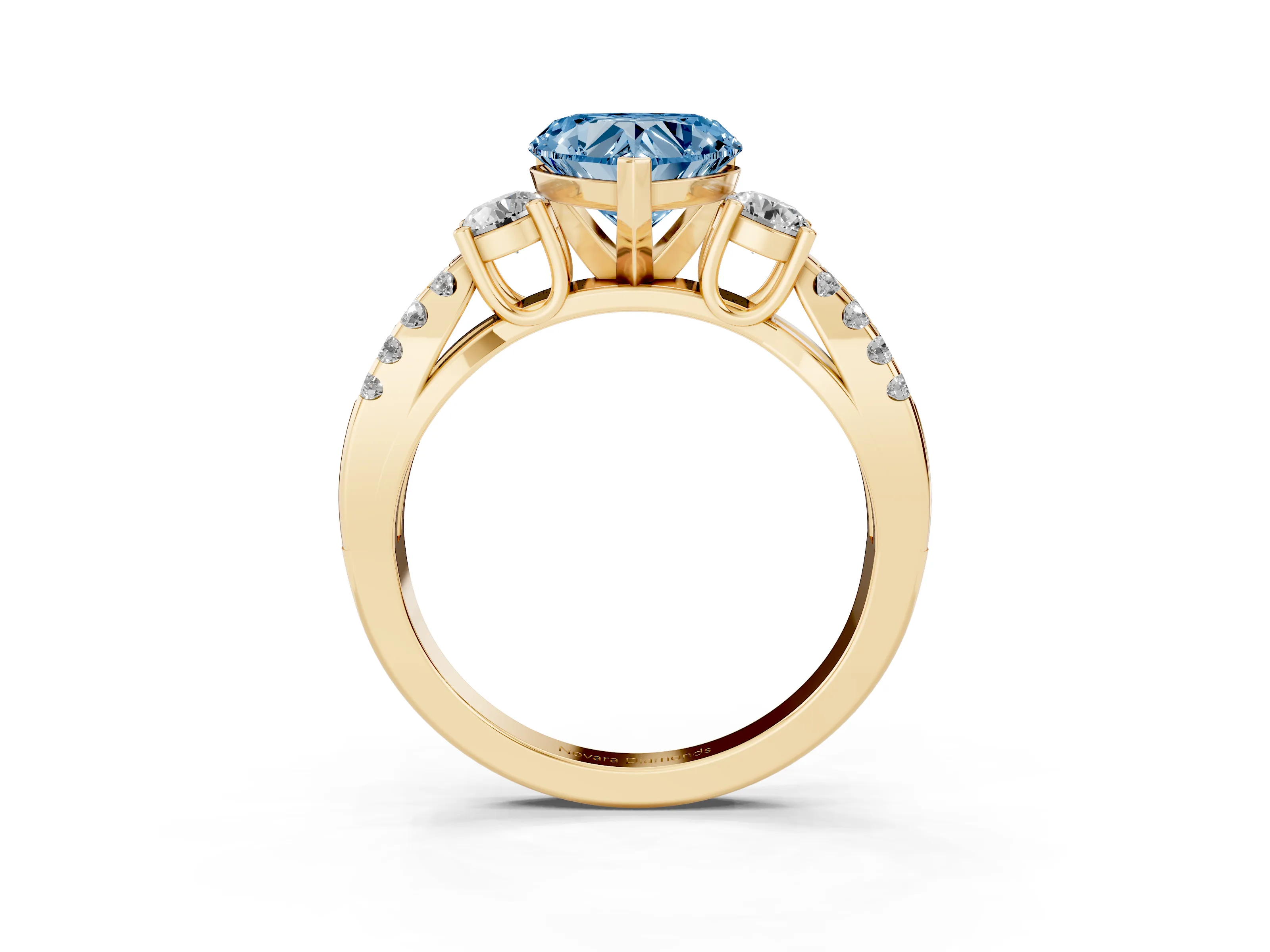 Fancy Blue Heart Cut Diamond Three-Stone Ring Set in Yellow gold with Pavé Split Shank and Prong Setting