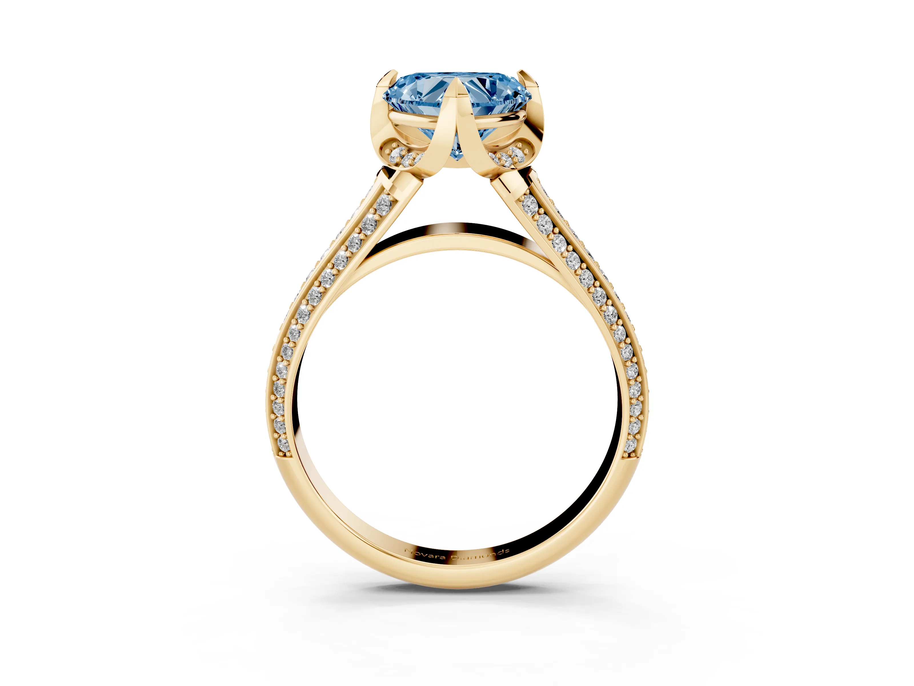 Fancy Blue Heart Cut Diamond Pavé Split Shank Solitaire Ring Set in Yellow gold with Prong Setting