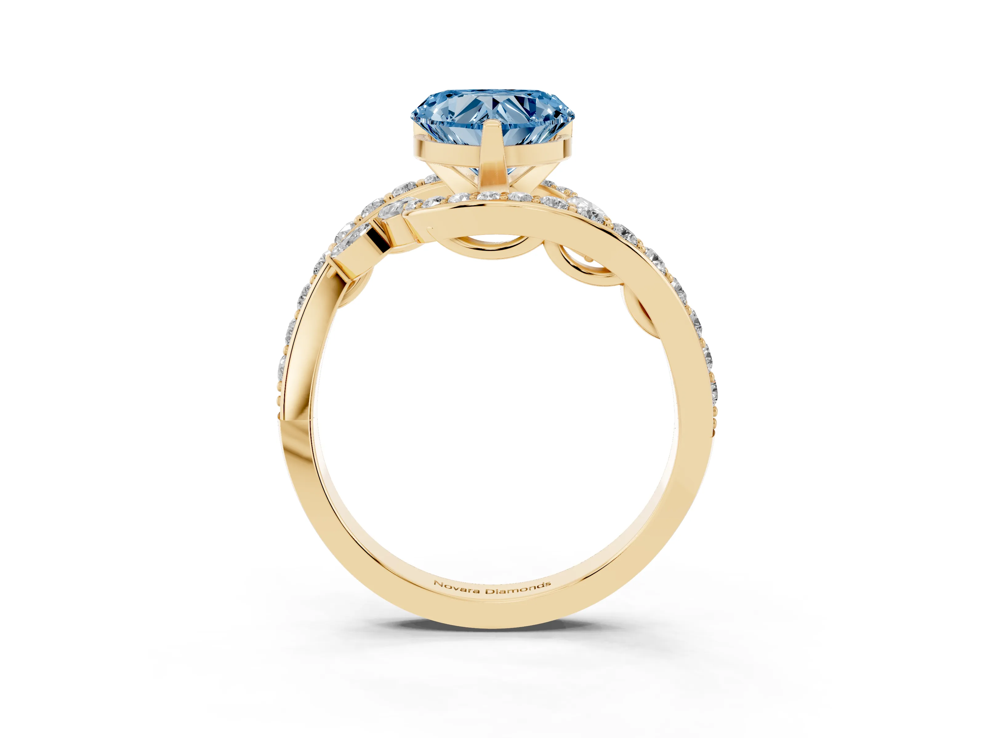 Fancy Blue Heart Cut Diamond Solitaire Ring Set in Yellow gold with Pavé Twist Band and Secure Prong Setting