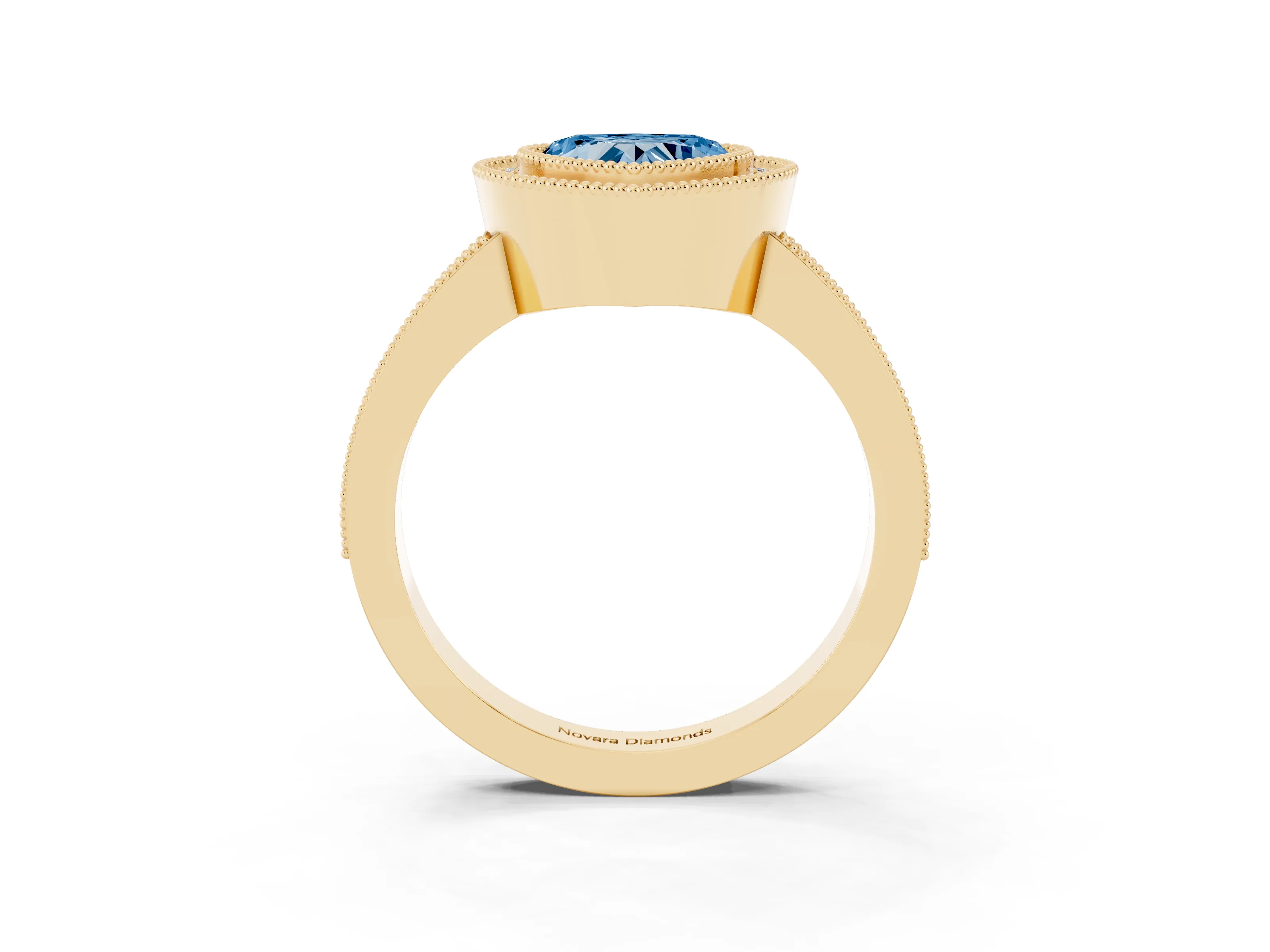 Fancy Blue Heart Cut Diamond Halo Engagement Ring Set in Yellow gold with Pavé Band and Round Halo Stones