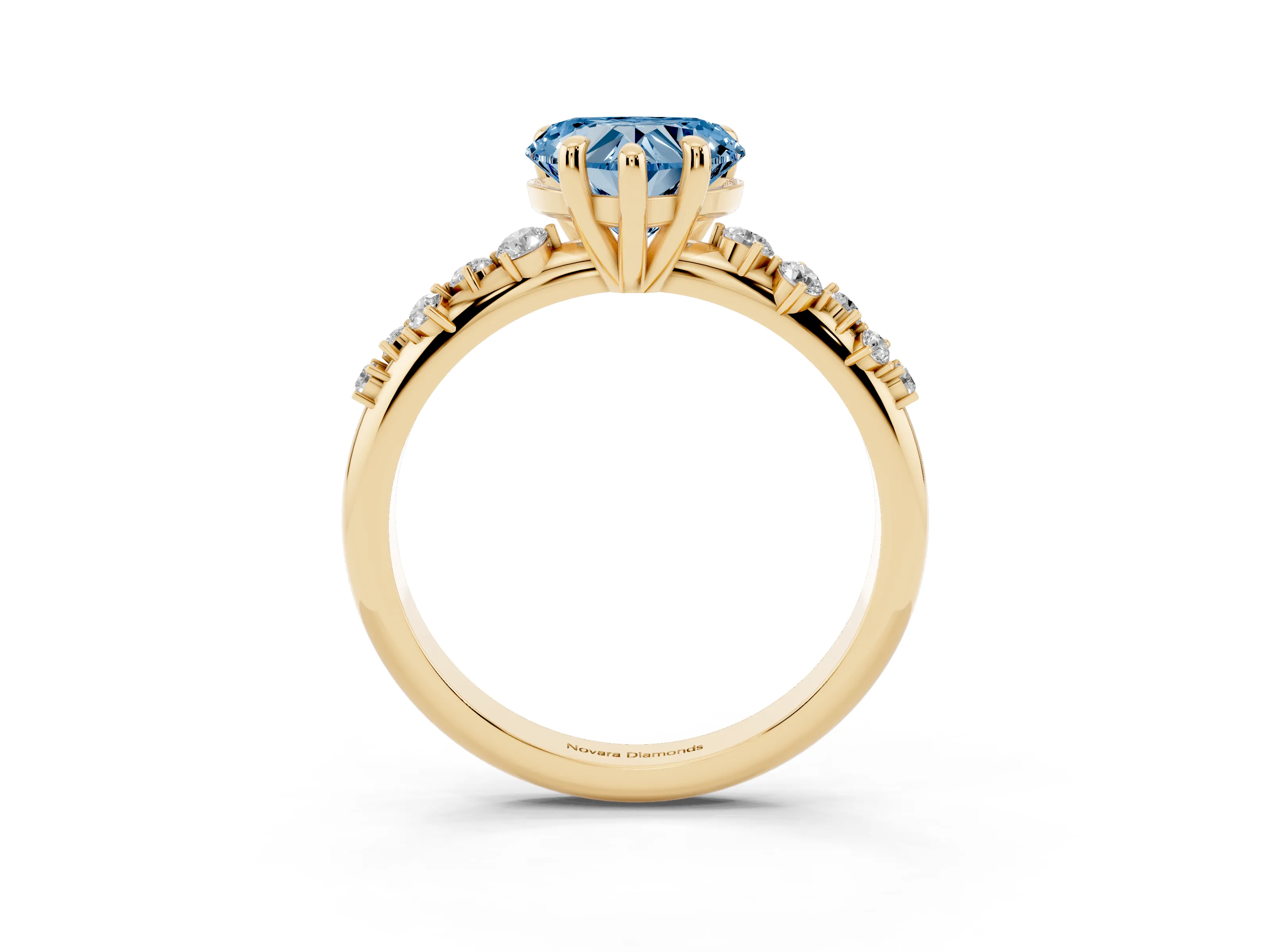 Fancy Blue Heart Cut Diamond Solitaire Vine Band Ring Set in Yellow gold with Round Accents and Prong Setting