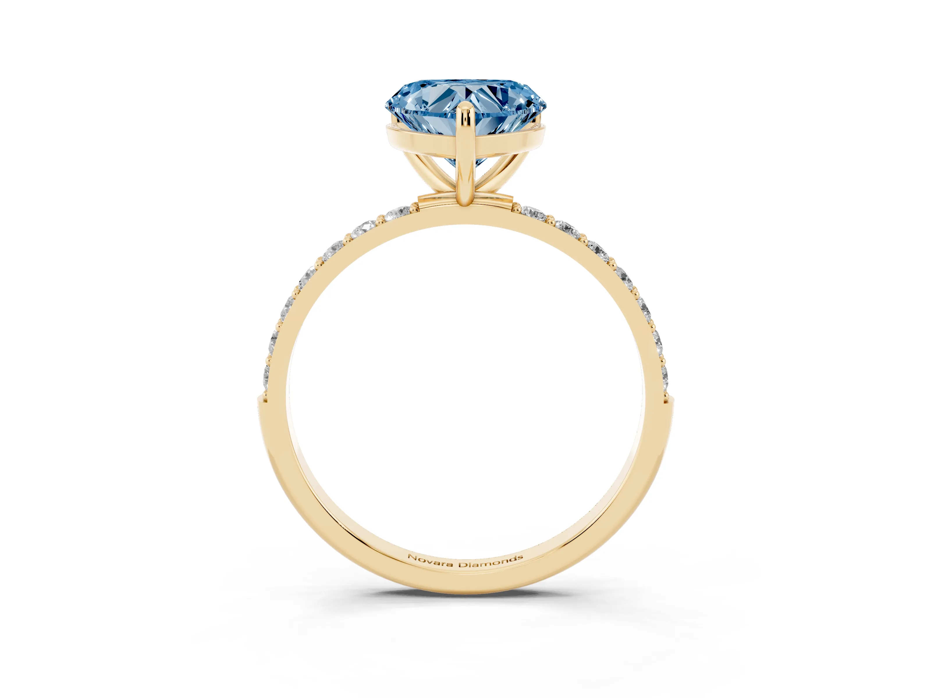 Fancy Blue Heart Cut Diamond Solitaire Ring Set in Yellow gold with Round Pavé Band and Prong Setting