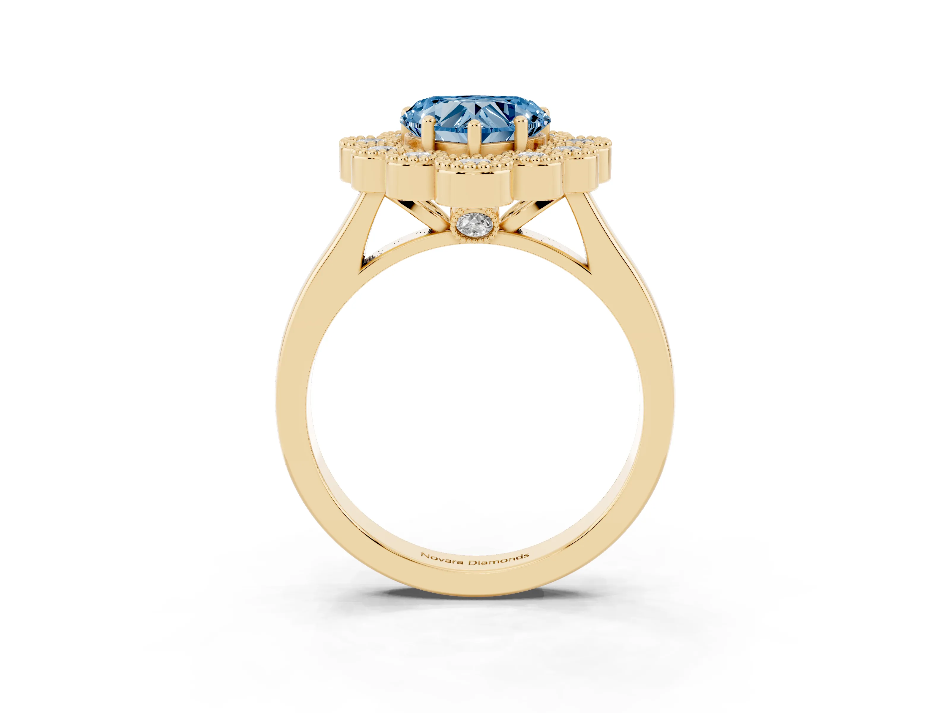 Fancy Blue Heart Cut Diamond Cluster Halo Ring Set in Yellow gold with Milgrain Bezel Accents and Plain Band