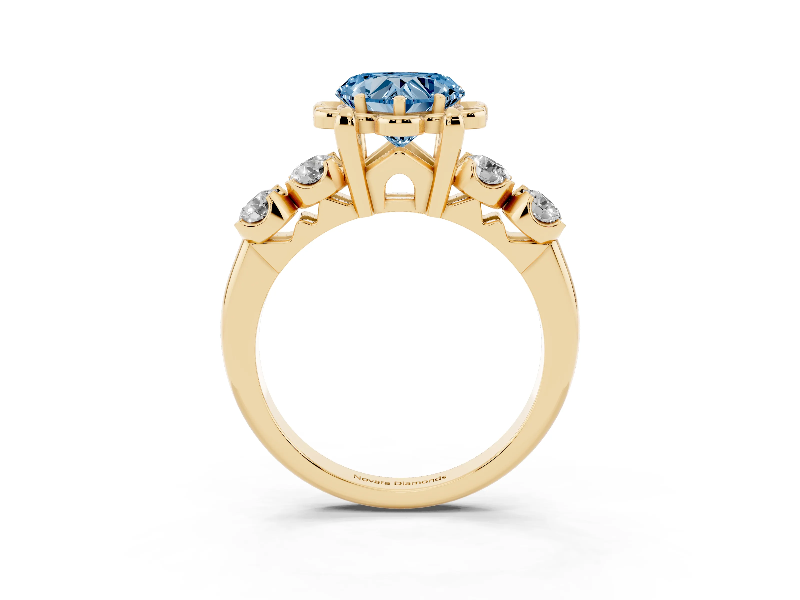 Fancy Blue Heart Cut Diamond Floral Halo Ring Set in Yellow gold with Shared Prong Band
