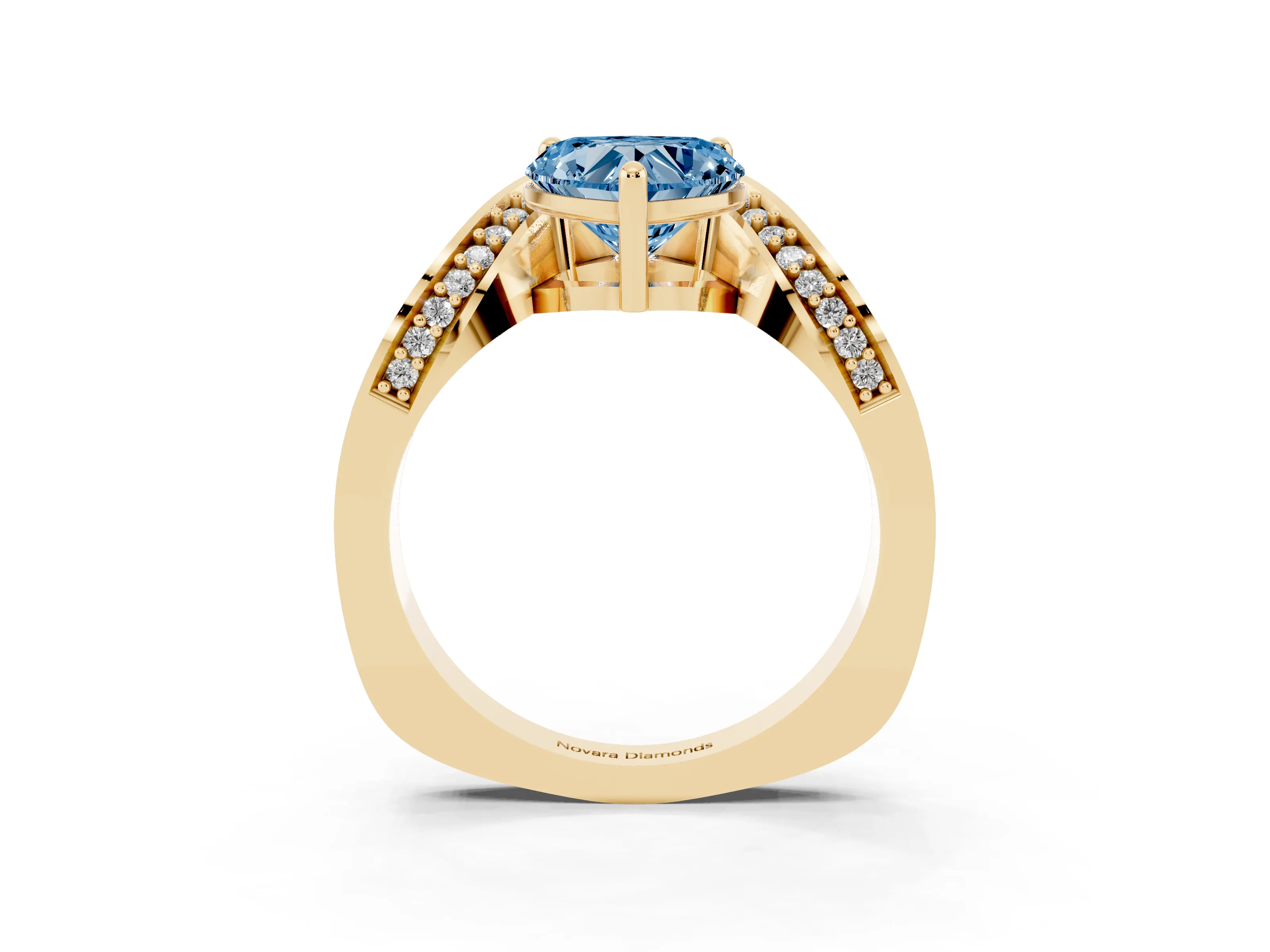 Fancy Blue Heart Cut Diamond Solitaire Engagement Ring Set in Yellow gold with Pavé Shoulders