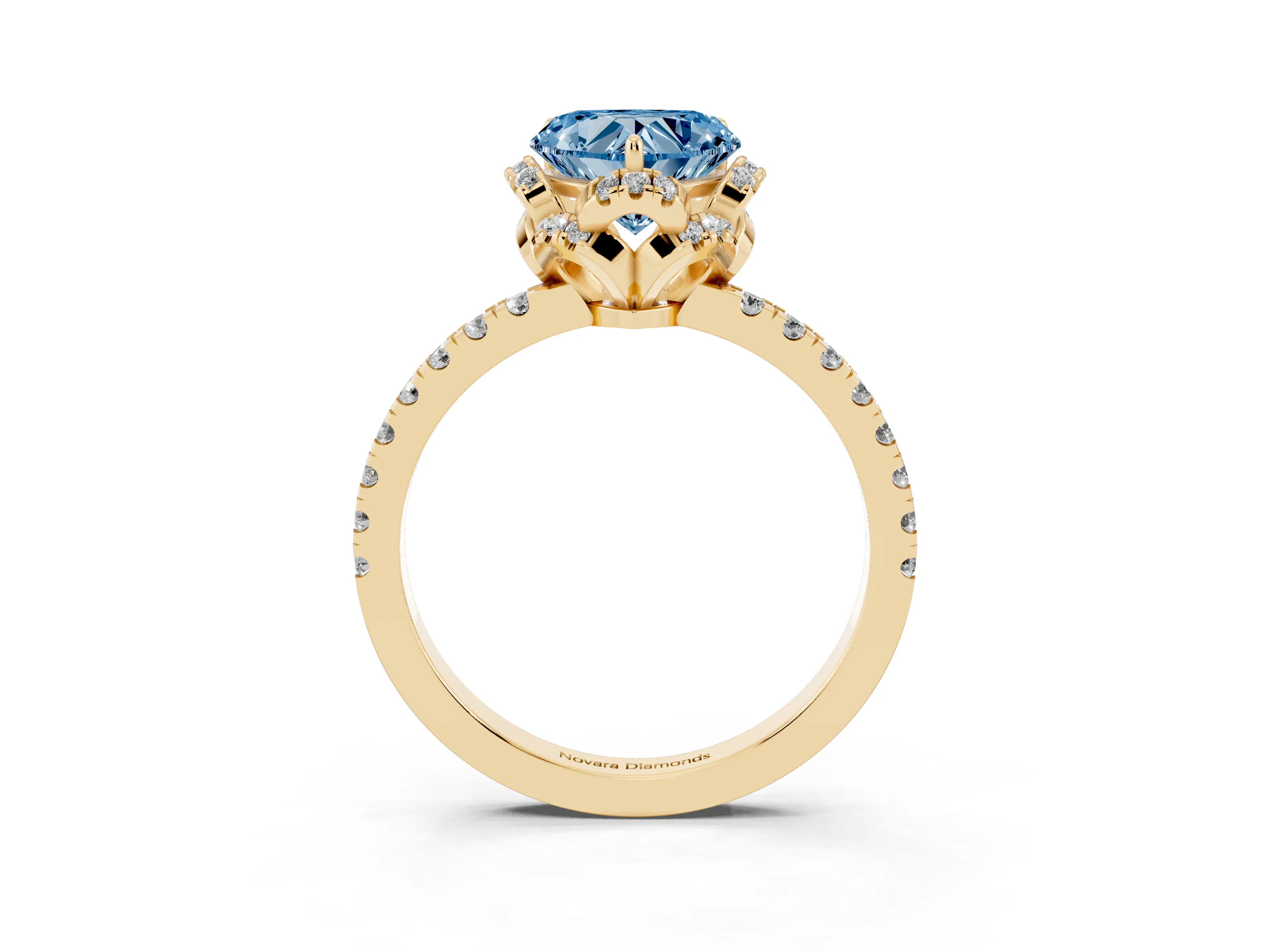 Fancy Blue Heart Cut Diamond Halo Pavé Band Ring Set in Yellow gold with Prong-Held Center