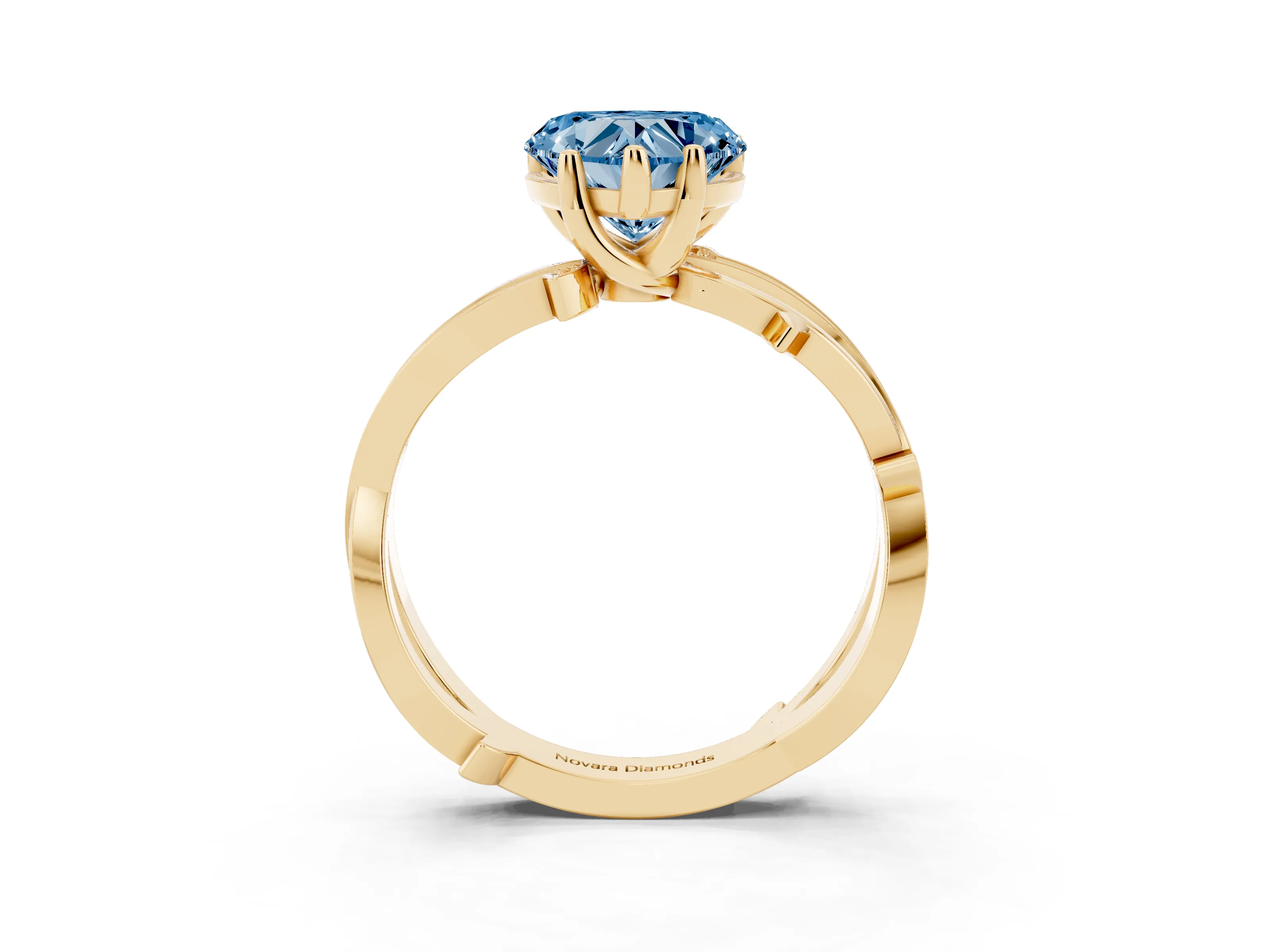 Fancy Blue Heart Cut Diamond Pavé Twist Band Solitaire Ring Set in Yellow gold with Prong Setting