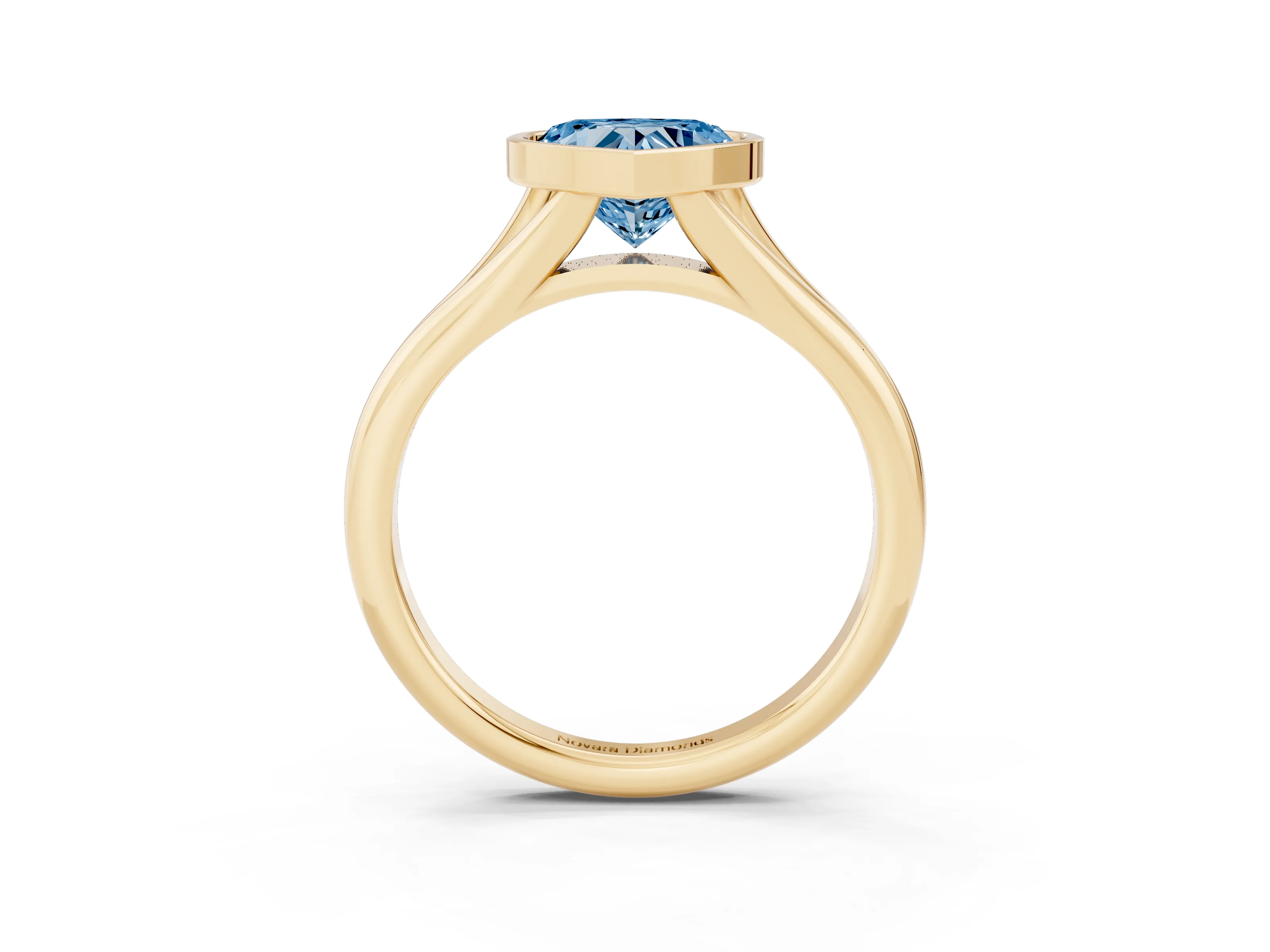 Fancy Blue Bezel Set Heart Cut Diamond Solitaire Ring Set in Yellow gold with Smooth Band