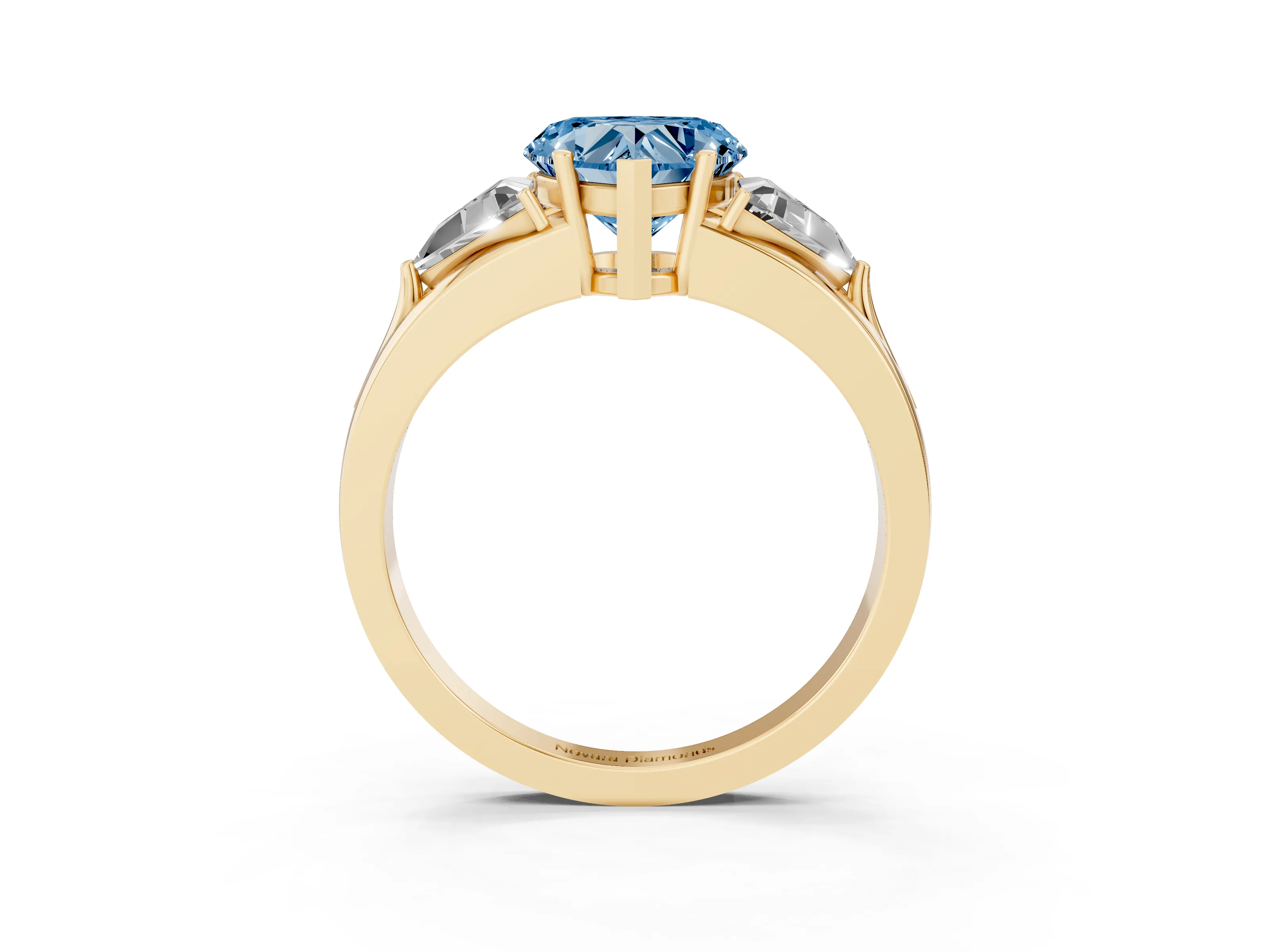 Fancy Blue Heart Cut Diamond Three-Stone Ring Set in Yellow gold with Trillion Side Stones and Split Shank