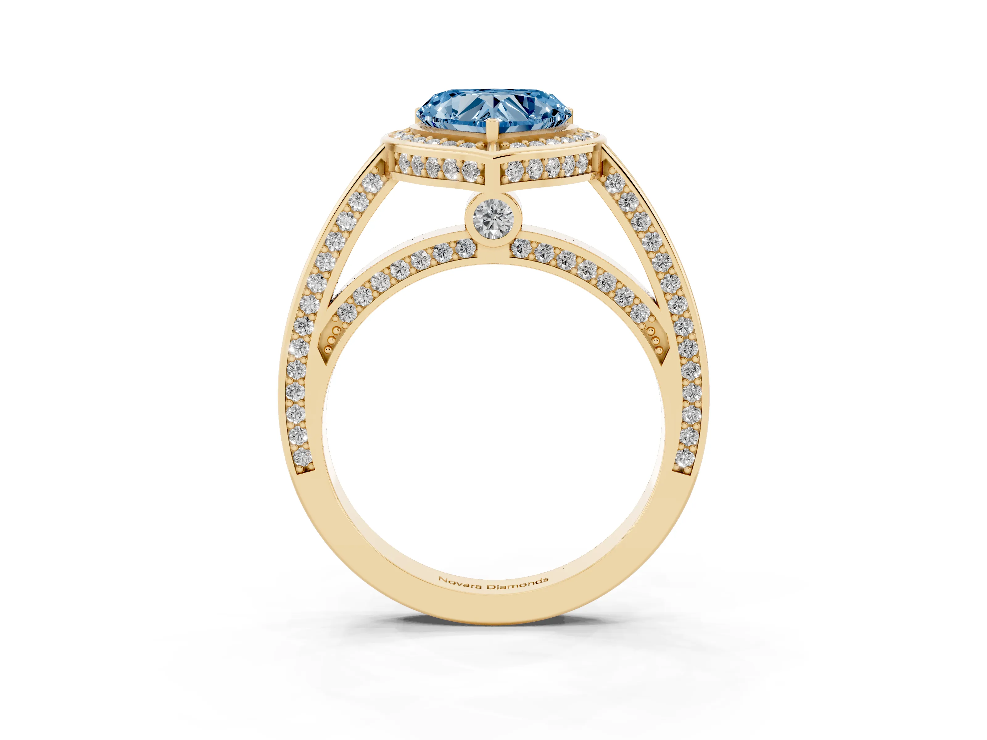 Fancy Blue Heart Cut Diamond Halo Pavé Split Shank Ring Set in Yellow gold with Prong Setting