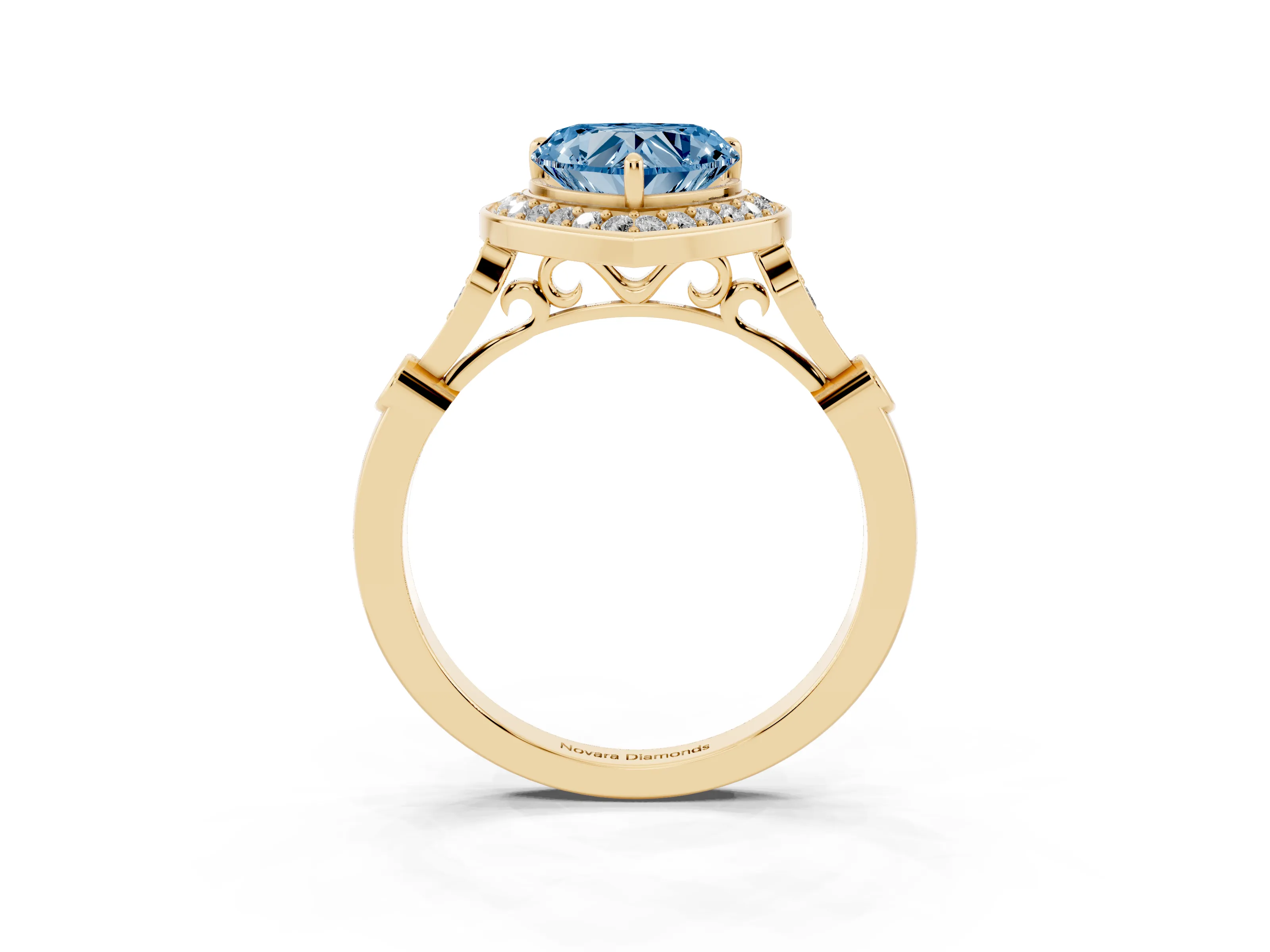 Fancy Blue Heart Cut Diamond Halo Engagement Ring Set in Yellow gold with Twisted Band and Prong Setting