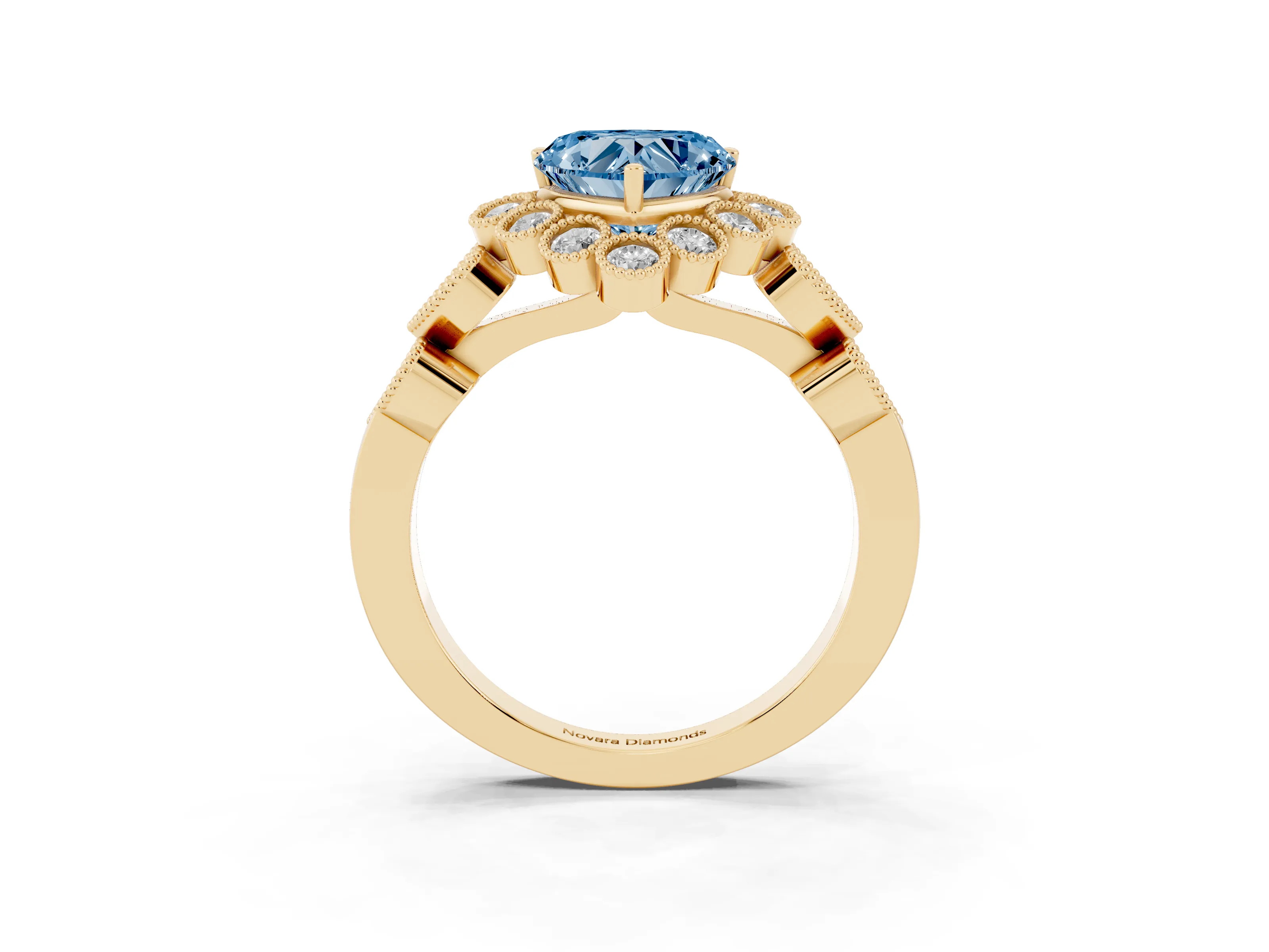 Fancy Blue Heart Cut Diamond Solitaire Ring Set in Yellow gold with Milgrain Pavé Heart Band