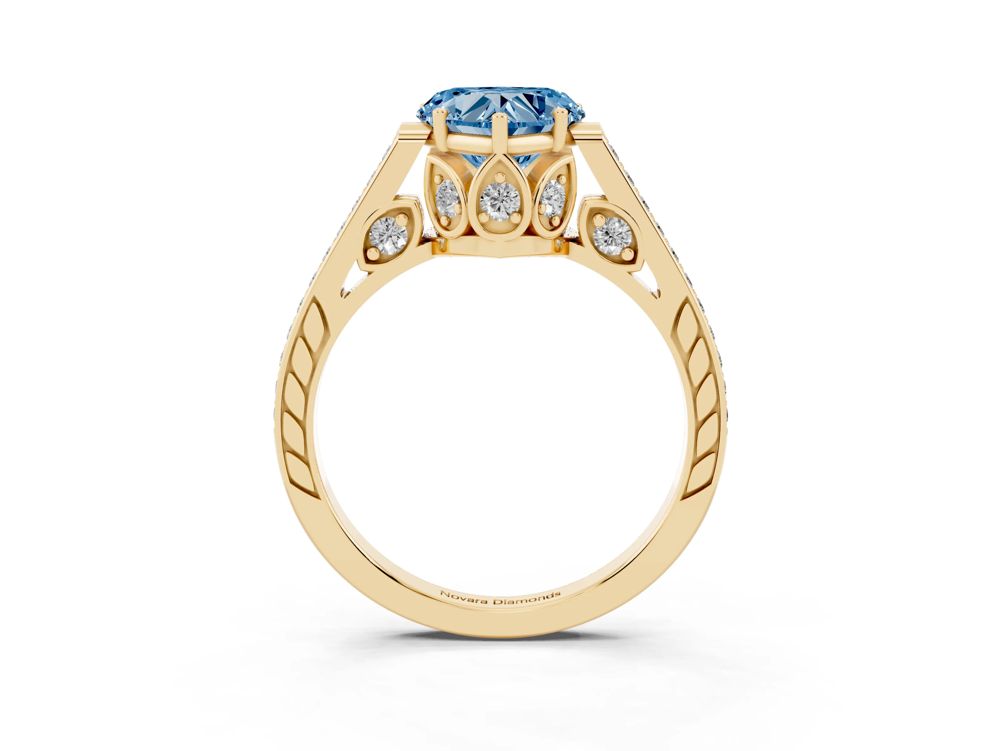Fancy Blue Heart Cut Diamond Cathedral Pavé Engagement Ring Set in Yellow gold with Prong Setting