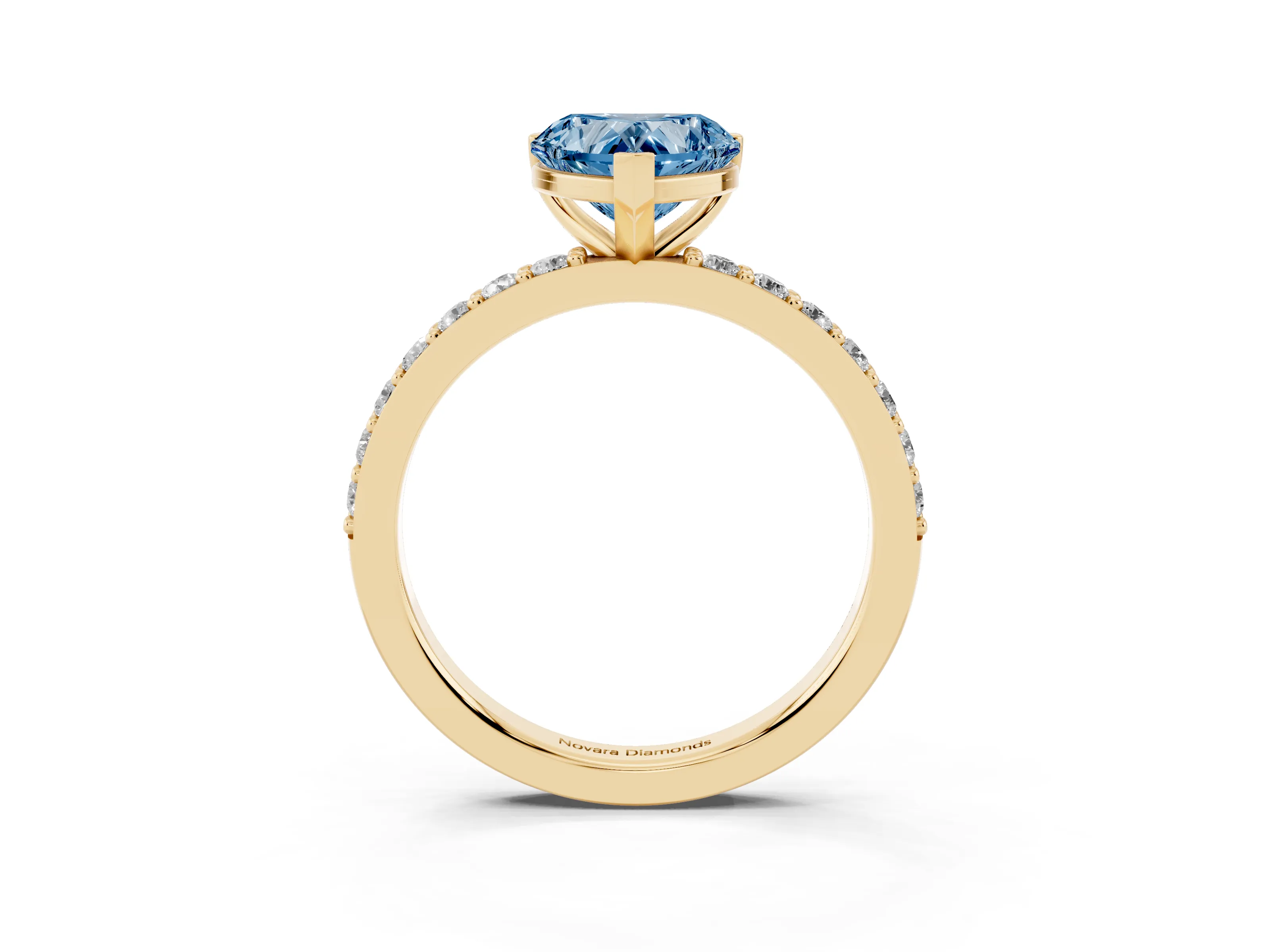Fancy Blue Heart Cut Diamond Solitaire Set in Yellow gold with Round Pavé Band and Prong Setting