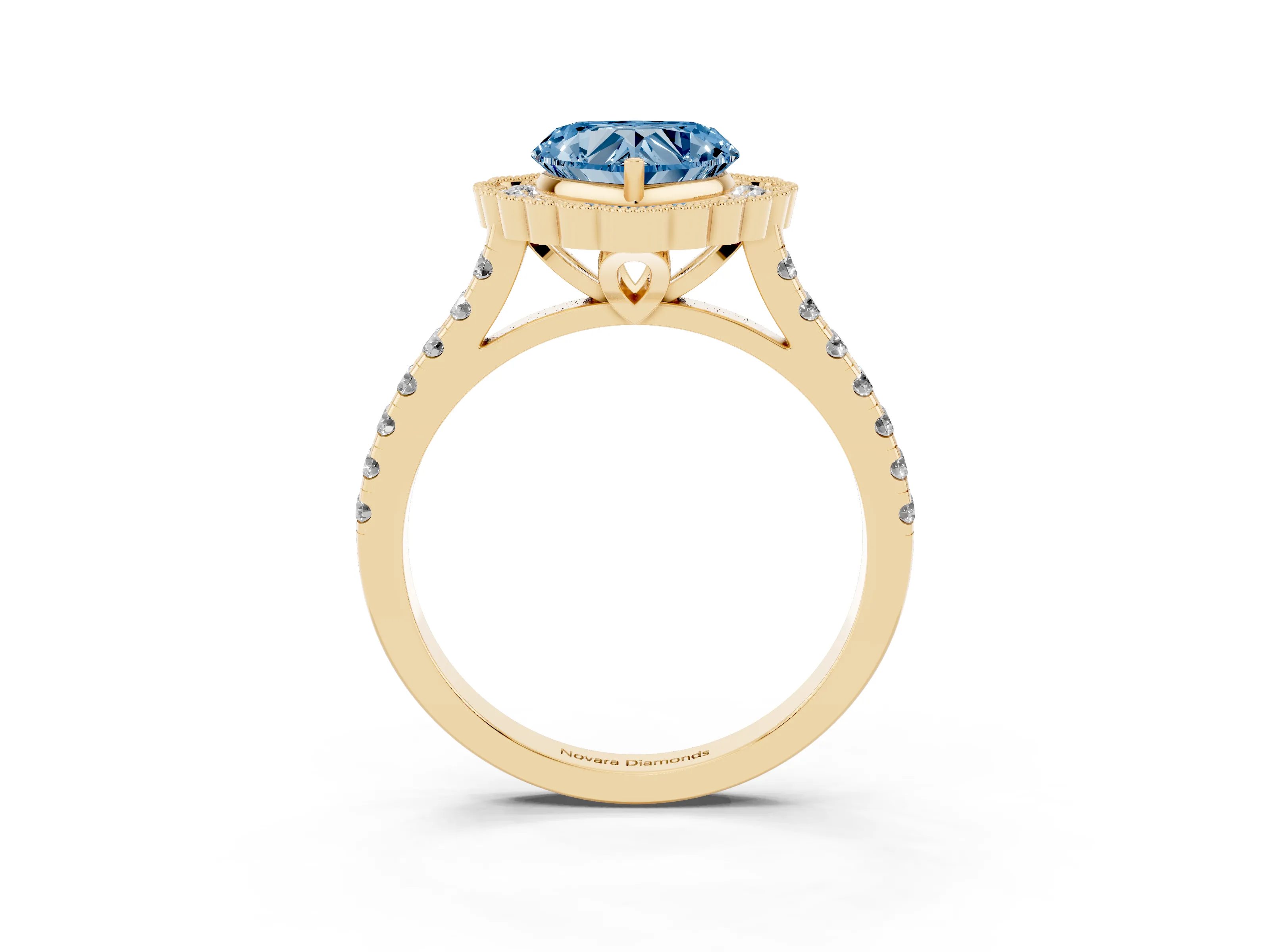 Fancy Blue Heart Cut Diamond Milgrain Floral Halo Engagement Ring Set in Yellow gold with Pavé Band