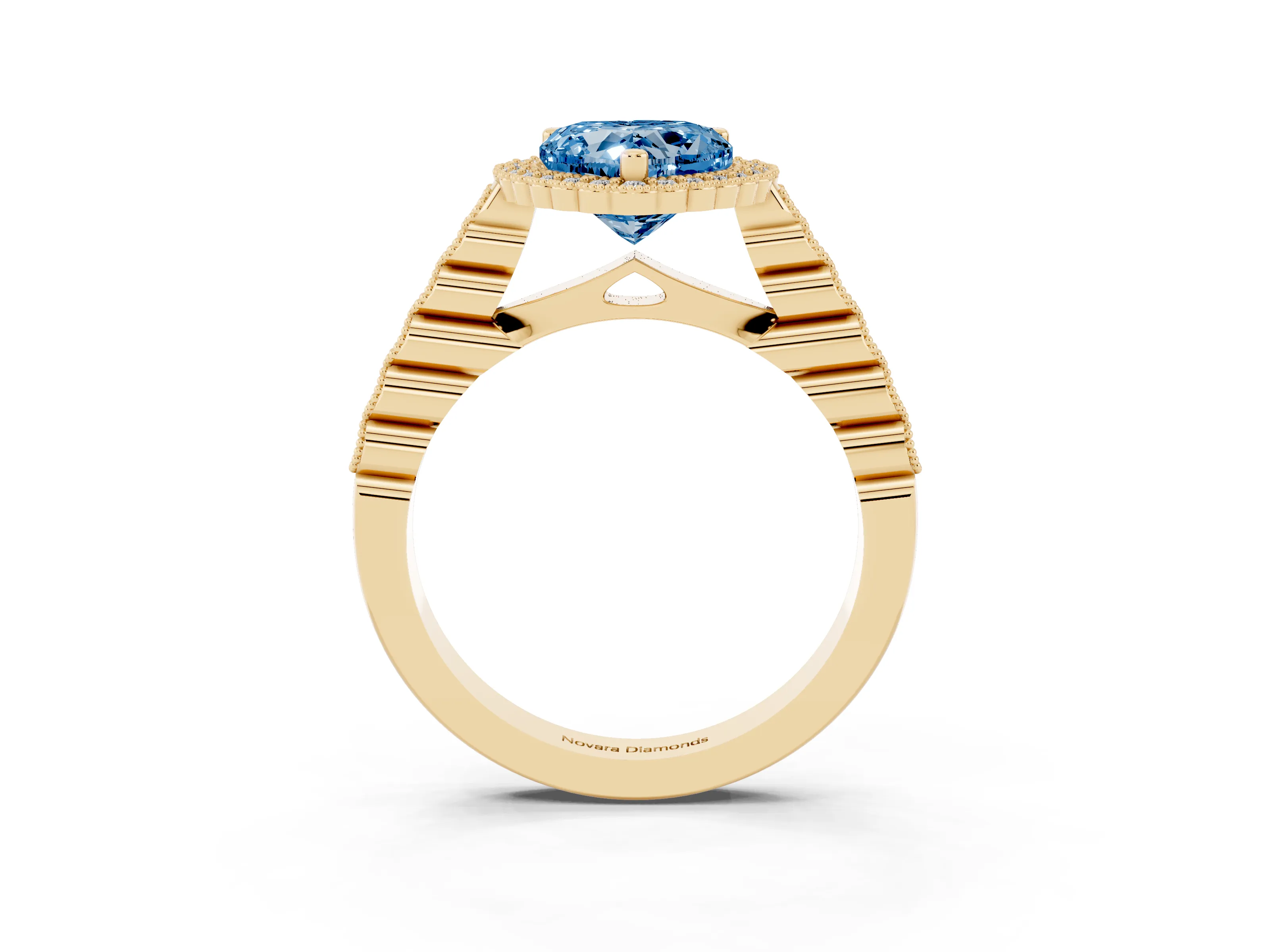 Fancy Blue Heart Cut Diamond Halo Ring Set in Yellow gold with Pavé Milgrain Band