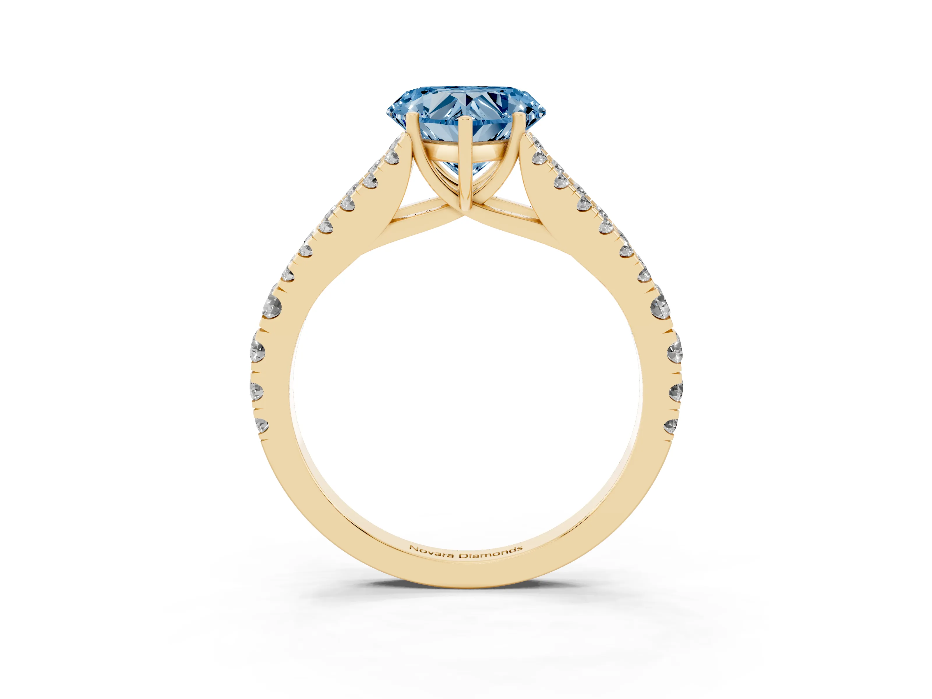 Fancy Blue Heart Cut Diamond Split Shank Pavé Engagement Ring Set in Yellow gold with Prong-Held Center Stone