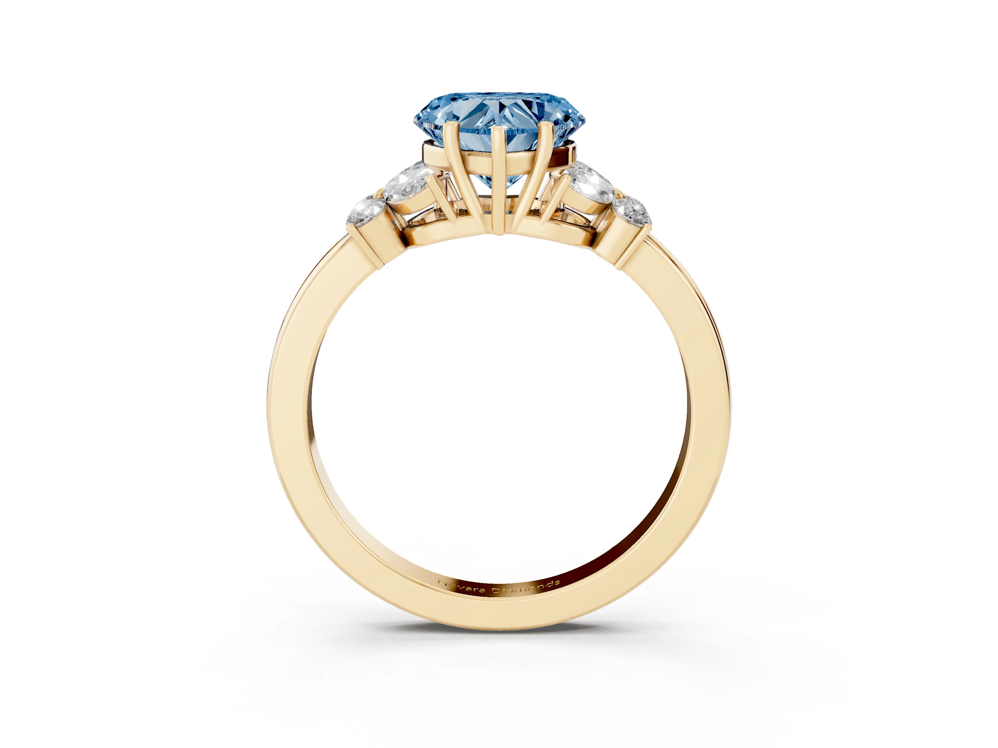Fancy Blue Heart Cut Diamond Solitaire Floral Ring Set in Yellow gold with Marquise Petals and Prong Setting