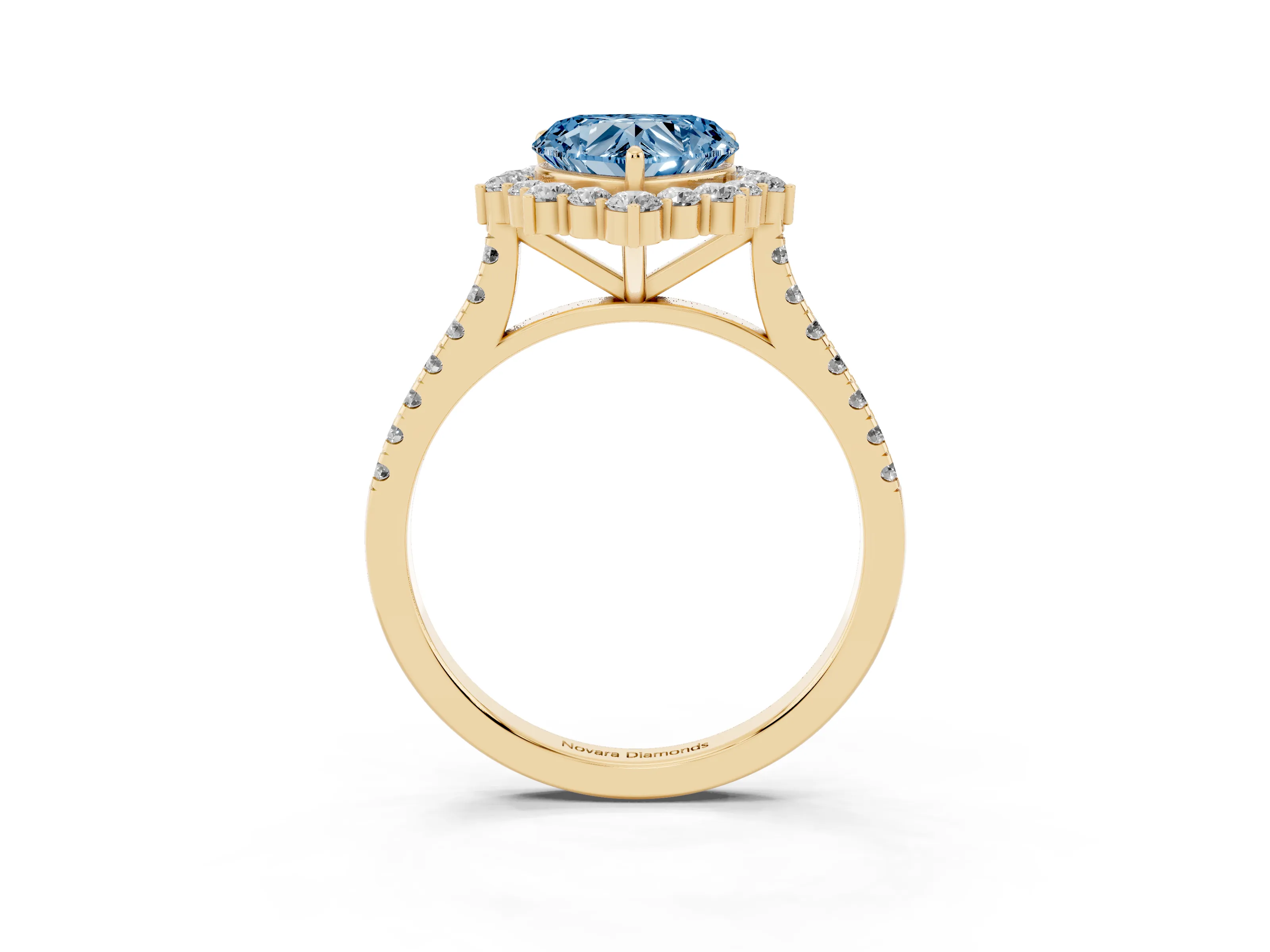 Fancy Blue Heart Cut Diamond Halo Ring Set in Yellow gold with Pavé Band and Prong Setting