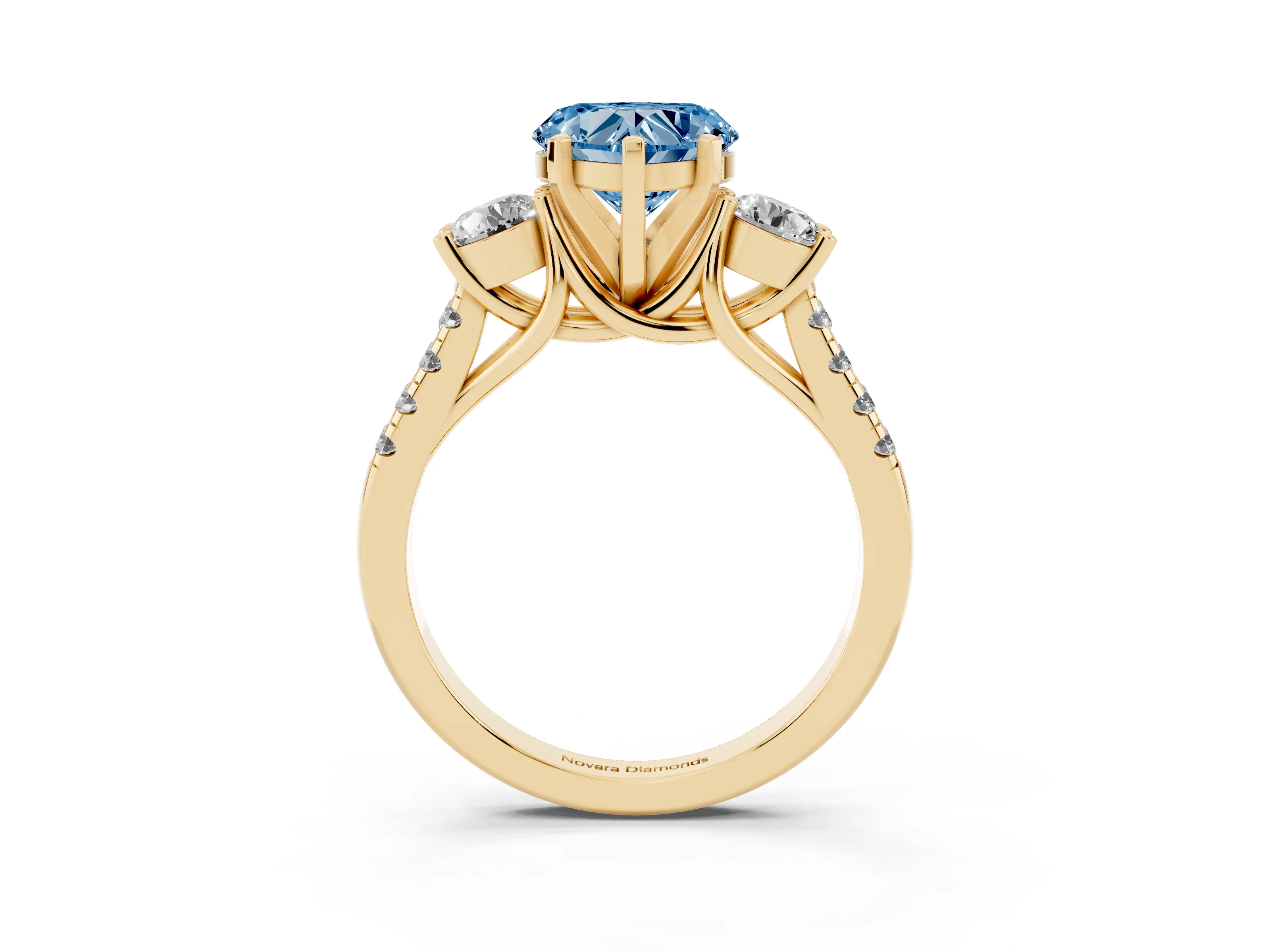 Fancy Blue Three-Stone Heart Cut Diamond Pavé Band Ring Set in Yellow gold with Prong-Set Trio