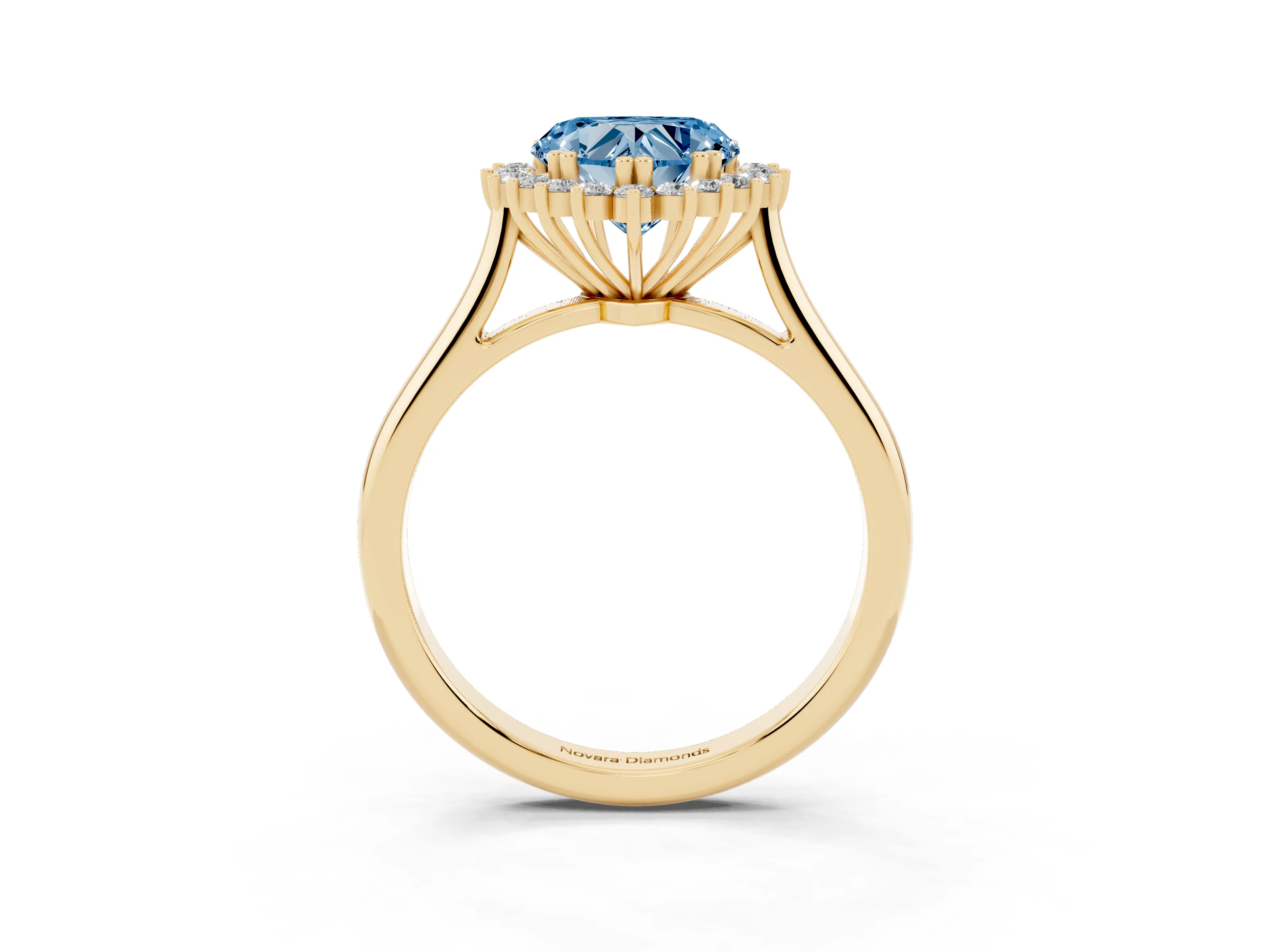 Fancy Blue Heart Cut Diamond Halo Ring Set in Yellow gold with Plain Solitaire Band and Prong Setting